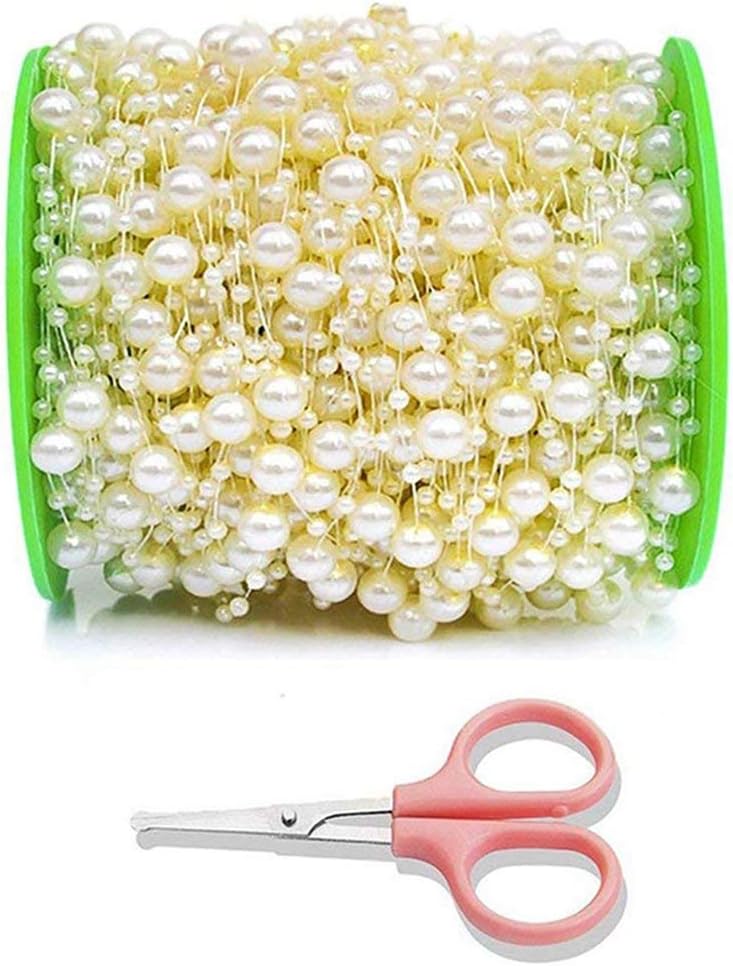 VGOODALL Ivory Pearl Garland, 60m Ivory Beaded Pearl Strings Pearl Strands Chain Fishing Line Ivory for Making Jewelry Wedding Doll Trimmings Crafts Christmas Tree Decoration