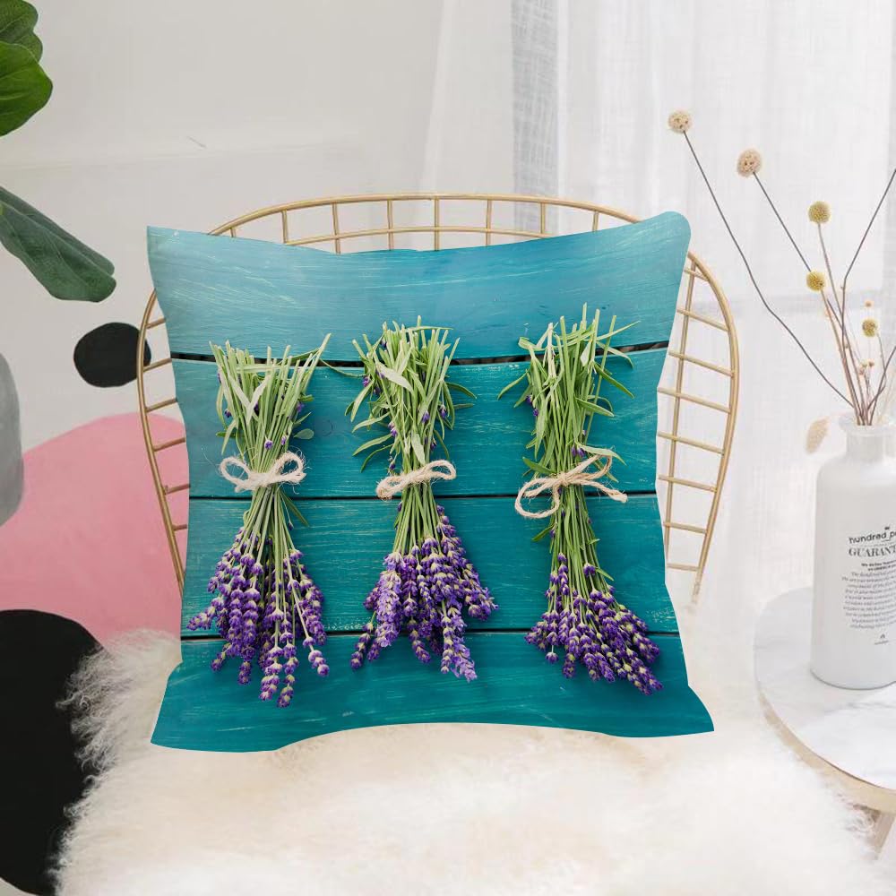 Hyosxw Lavender, Fresh Lavender Bouquets On Blue Wo - A3 Cushion Cover,Throw Pillow Case Home Decorative For Living Room Bedroom Sofa Chair 18X18 Inch,Lavender, Fresh Lavender Bouquets On Blue Wooden Planks Rustic Relaxing Relaxin,Pillowcase 45X45cm