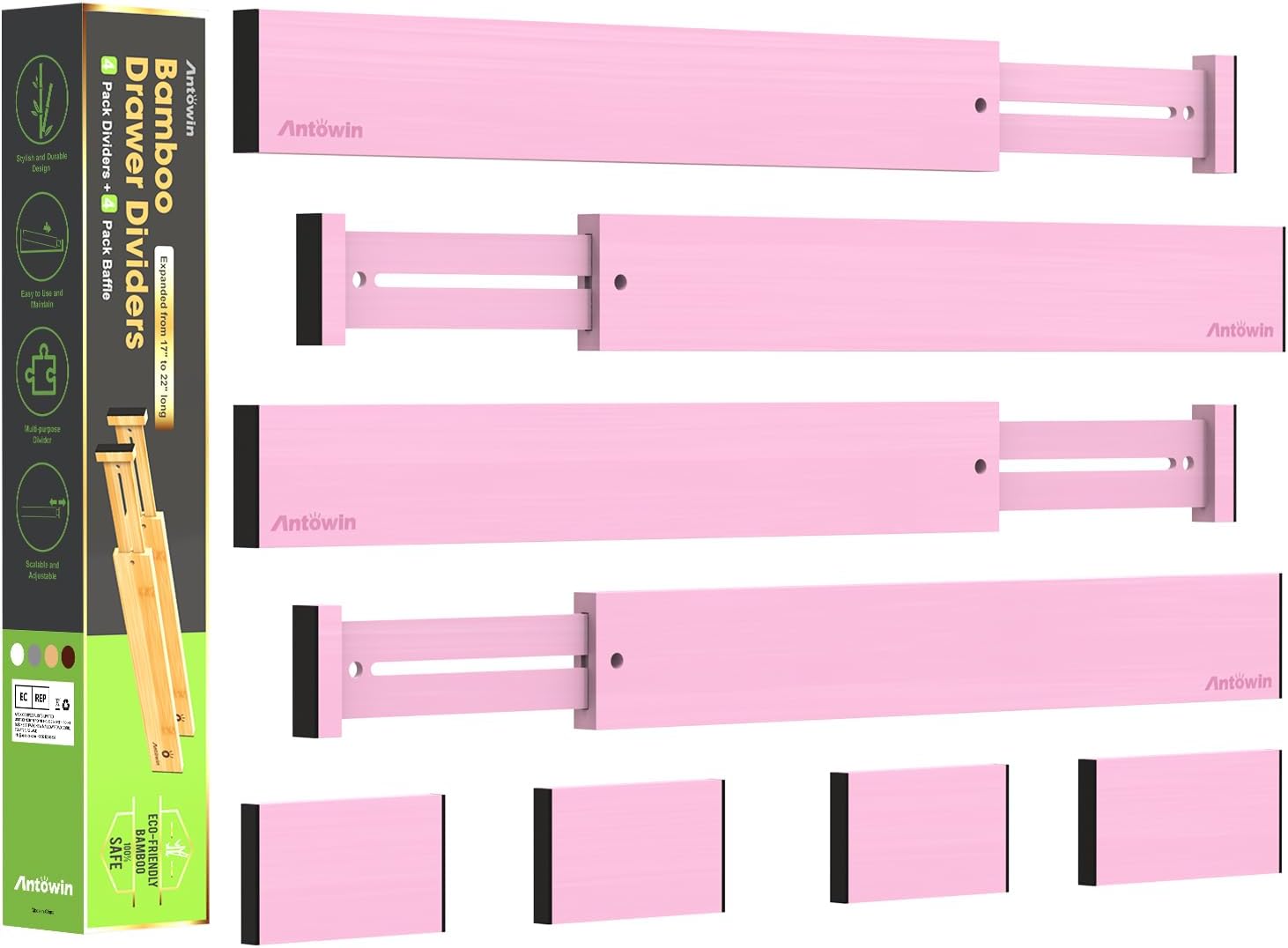 ANTOWIN Expandable Bamboo Drawer Dividers Organizers, Drawer Separators Splitter, 17-22 inches Long Adjustable Spring-loaded Organizer for Large Utensil, Clothes, Tools(Pink)