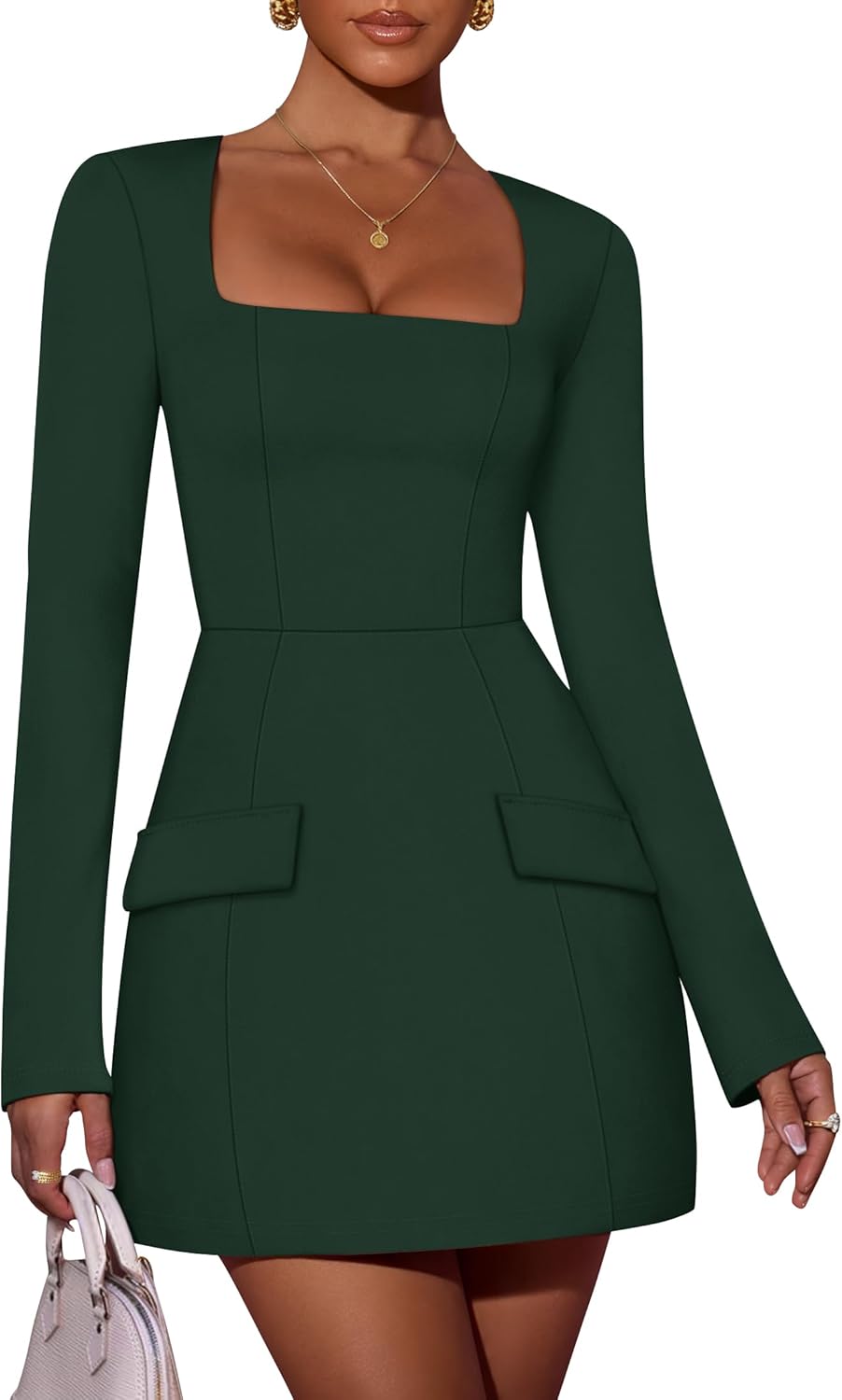 ZESICA Women's 2026 Spring Long Sleeve Bodycon Mini Dress Casual Square Neck Slim Fit Cocktail Party Short Dresses