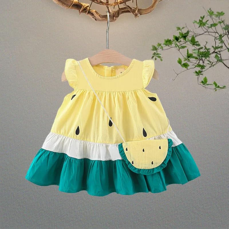Image of Bold N Elegant One in Melon Girl's Cap Sleeve Cotton Summer Party Flared Knee Length Dress Frock with Faux Bag Purse for Infant Toddler Baby Girl's