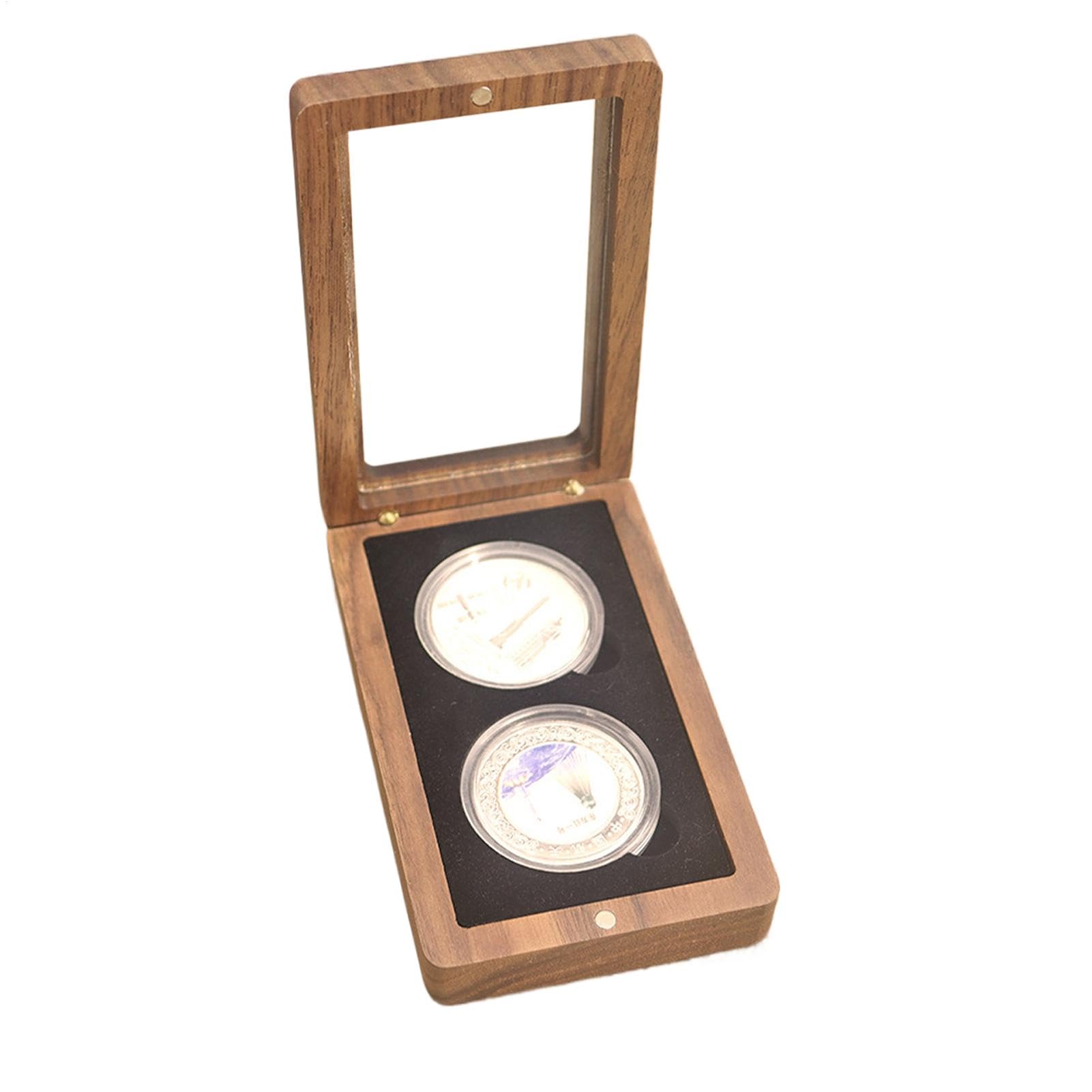 Almacenamiento de monedas de madera y organizador de emblema de recuerdo negro