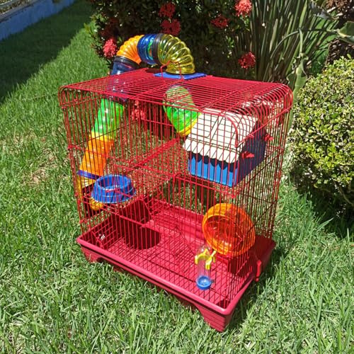 Gaiola Hamster 3 Andares Colorida com Casa Tubos e Rodinha (Vermelha)
