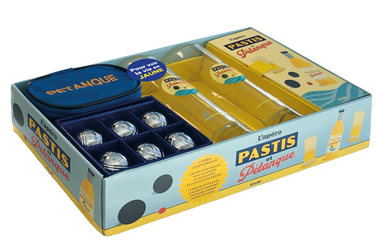 Coffret l'apéro pastis et pétanque: Coffret avec 1 verres à Pastis, 1 jeu de mini-boules avec 1 housse, 1 cochonet et 1 ficelle