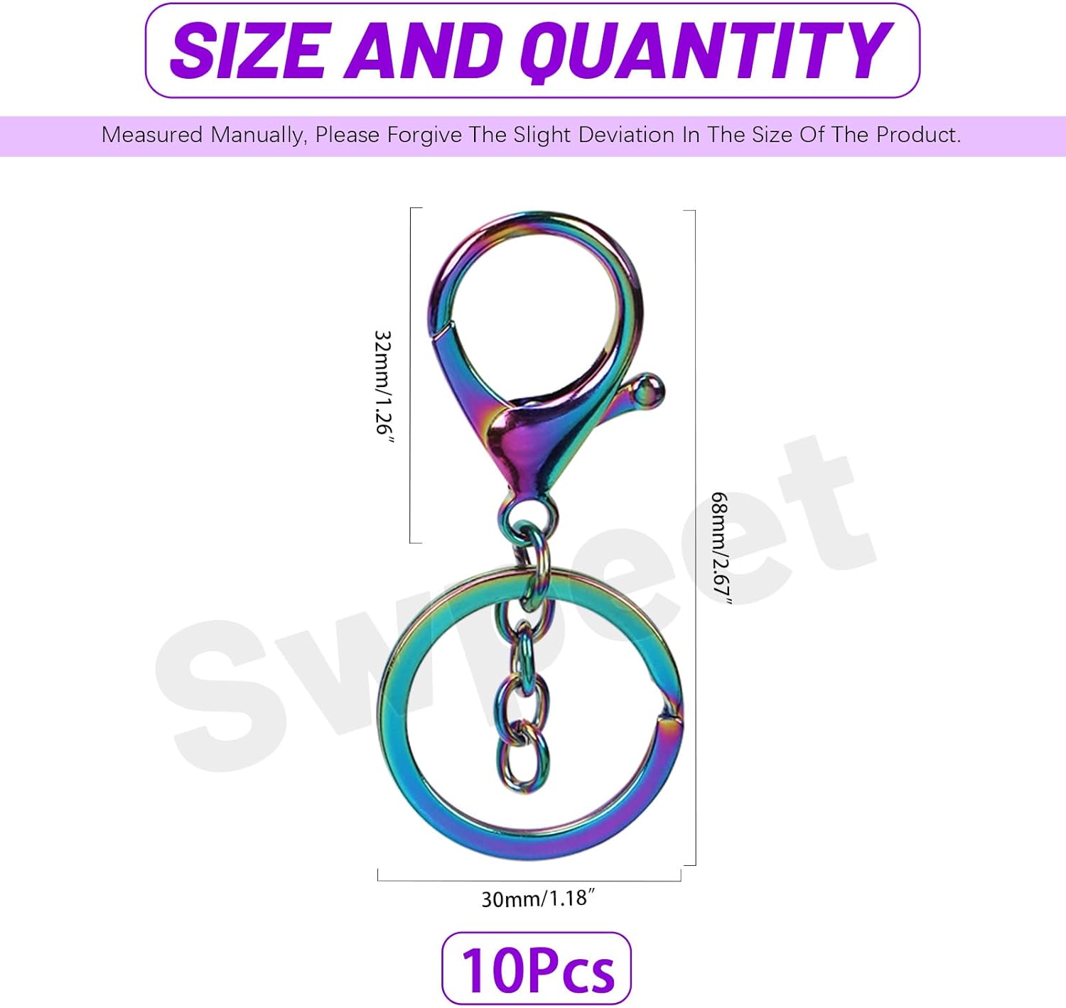 Swpeet 10Pcs Iridescent Color Lobster Claw Clasps with Key Chain and Flat Split Keychain Ring Assortment Kit, Swivel Clasps Hook Clips Swivel Snaps Hooks for Purse Strap Keychain DIY Crafts - Image 2