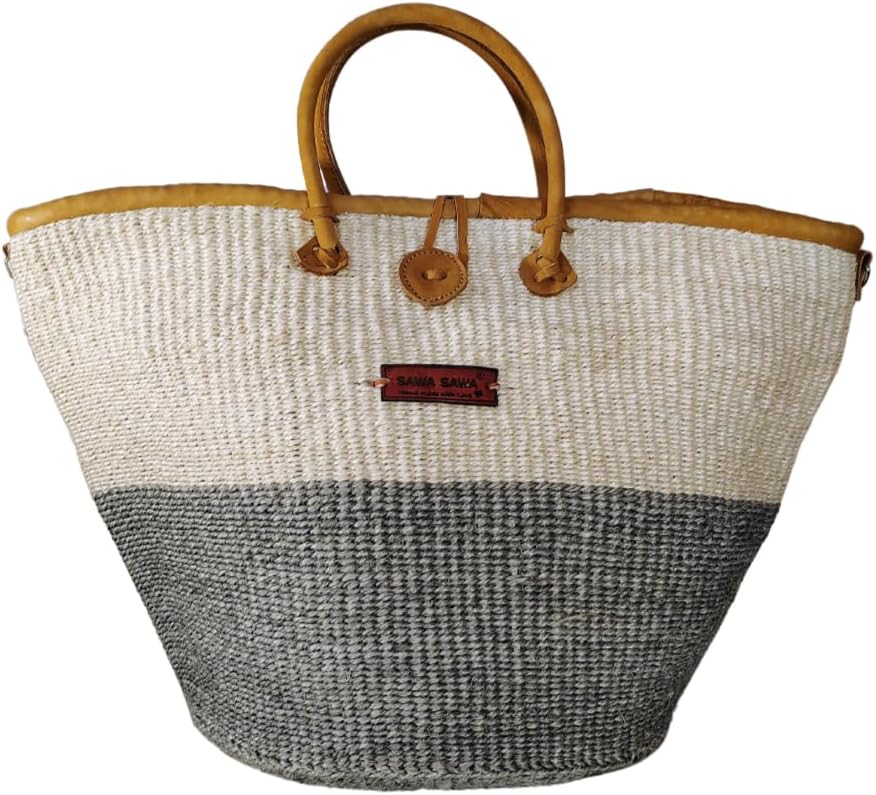 Ash and Ivory Wisdom Handmade Economical Sisal Straw Basket Tote Bag, Market Grocery Shopping Bags with Leather Strap Handles and Button Closure, Summer Beach Handbag, Large Shoulder Purse for Women