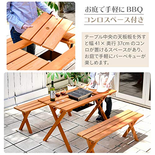 ガーデンマスター(Gardenmaster) ガーデンテーブル&ベンチ 3点セット テーブル1点&チェア2点セット 天然木杉材 パラソルホール付き コンロ台付 お庭 ベランダ テラス バルコニー ガーデンマスター PTS-1207BS 6枚目
