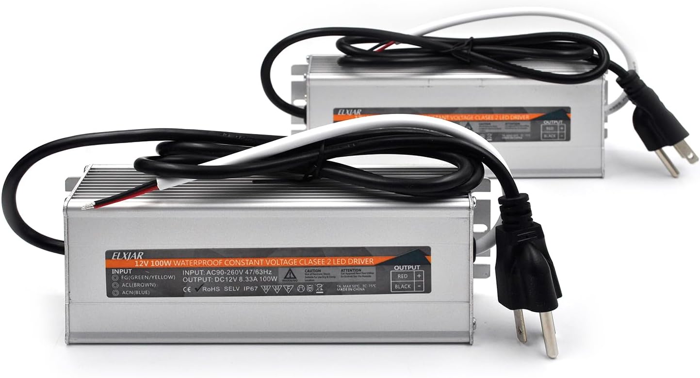 (2-Pack) 100W 12V LED Power Supply Waterproof IP67 Transformer AC 100-260V to DC 12V Driver with 3-Prong Plug for Outdoor LED Strip Light