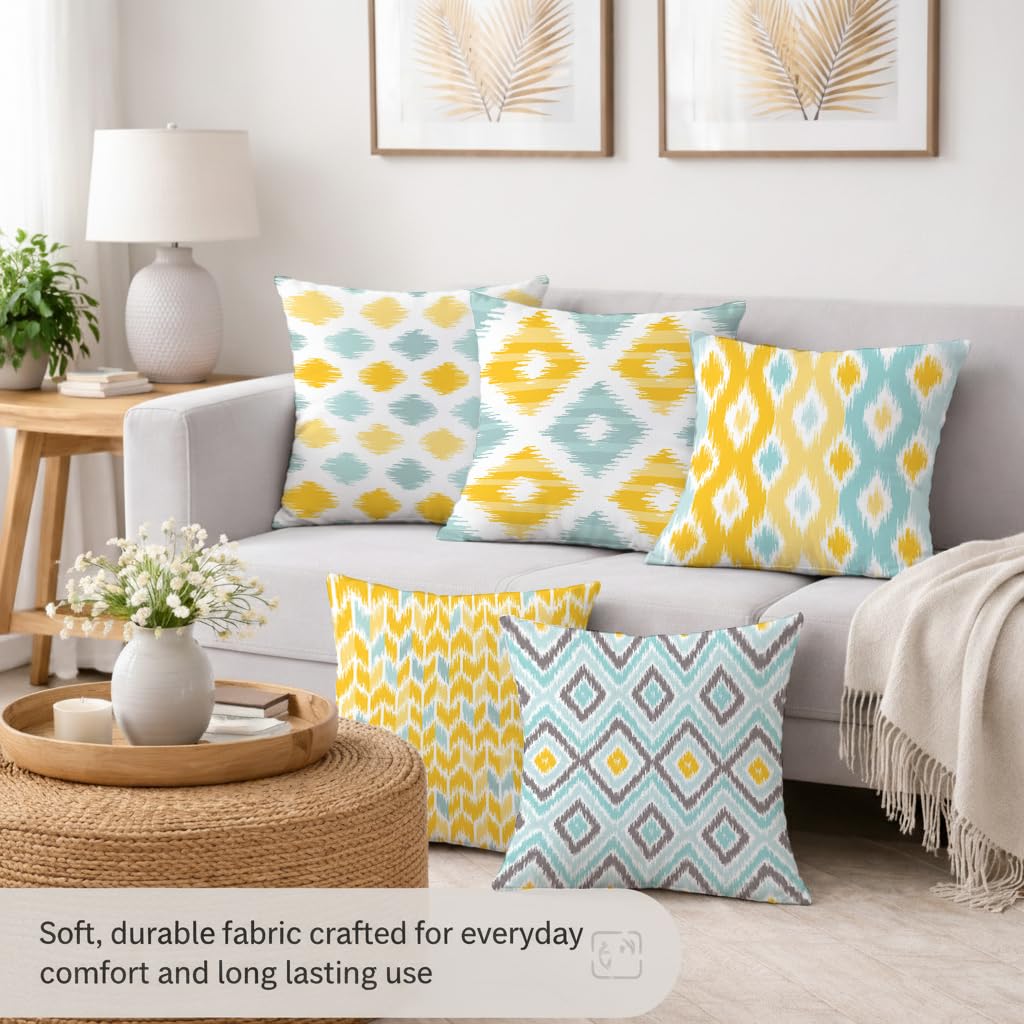 STITCHNEST Set of 5 Jute Cushion Covers – 16x16 Inches – Yellow & Aqua Ikat-Inspired Geometric Print – Vibrant Cushion Covers for Sofa, Couch & Living Room | Perfect for Home Decor 4