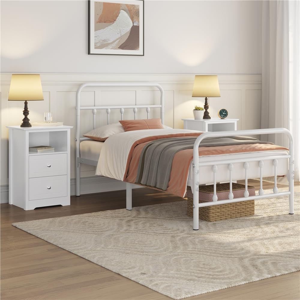 Yaheetech Mesitas de Noche con 2 Cajones 40x35x60cm Mesillas de Noche Vintage para Dormitorio Mesita de Madera Lacada para Cama Blanco