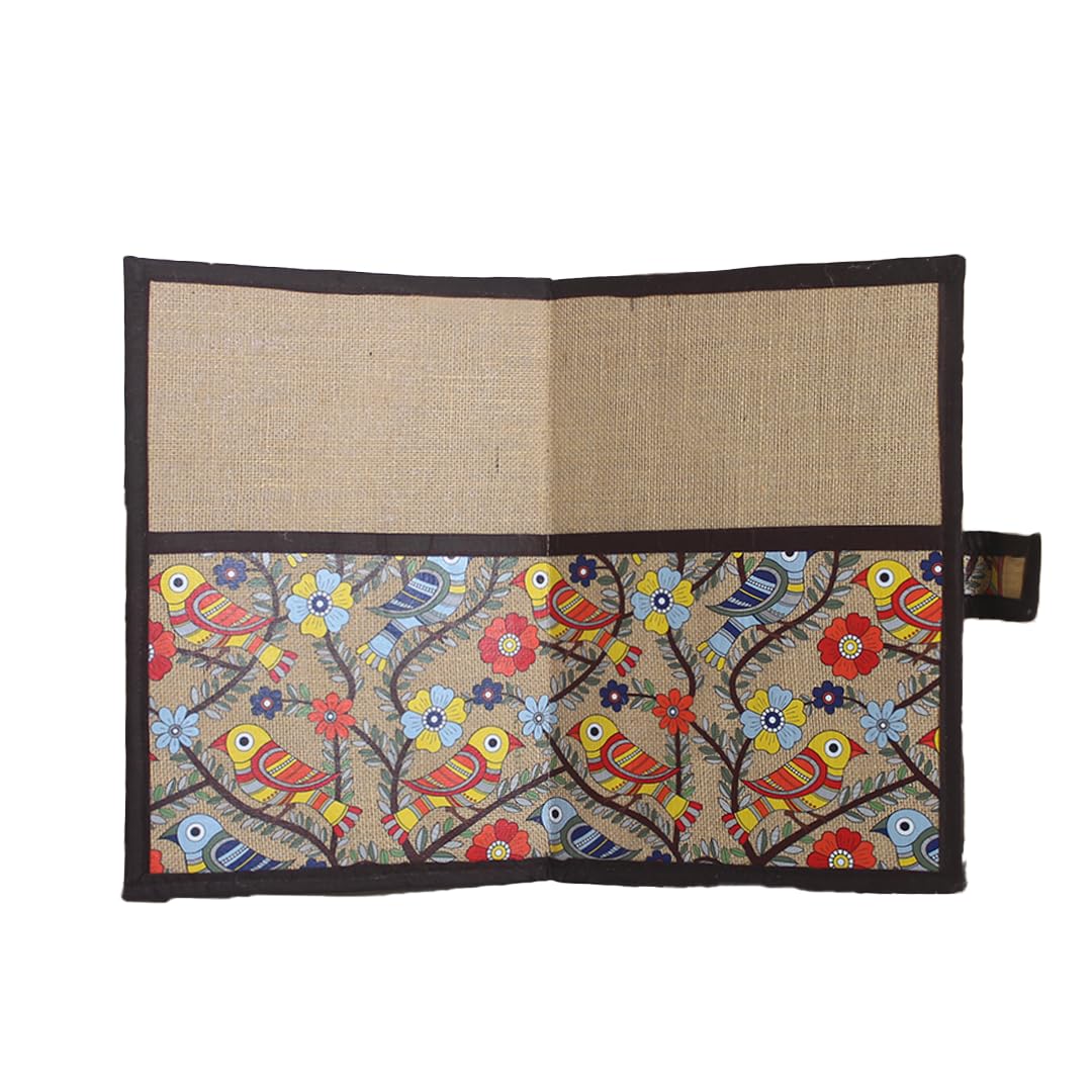 Jute Cottage Madhubani Bird Pocket Jute File Folder | with Traditional Indian Art Prints | Eco-Friendly, Durable & Lightweight Document Conference Bag Organizer with Spacious Interior Pocket