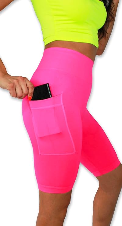 Solid Neon Colored High Waist Athletic Seamless Biker Shorts with Side Pocket