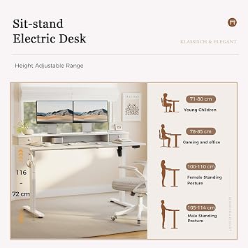 Klicelor Electric Height Adjustable Desk, with 2 Fabric Drawers, 120x60cm | 72-116cm Height, Stable Sit-Stand Standing Desk w. 2 Memory Buttons, Computer Desk for Home Office, 2 pcs Desktops, White