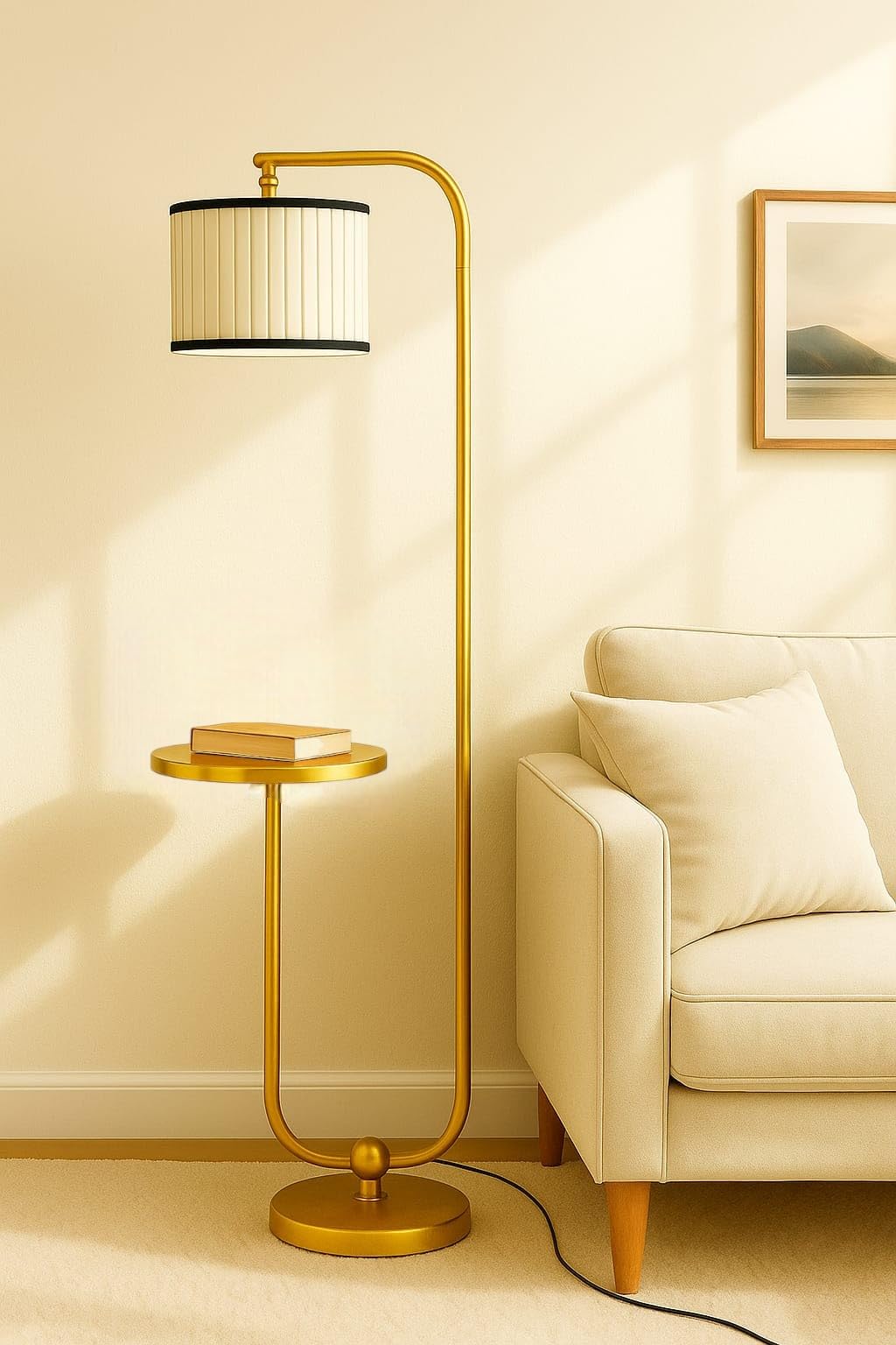 Gold Finish Floor Lamp with Shelf and 12-Inch Pleated Drum Shade – 68 Inch Tall Standing Lamp with Adjustable Head, Heavy Base, Modern Living Room Lighting with 2-Year Warranty