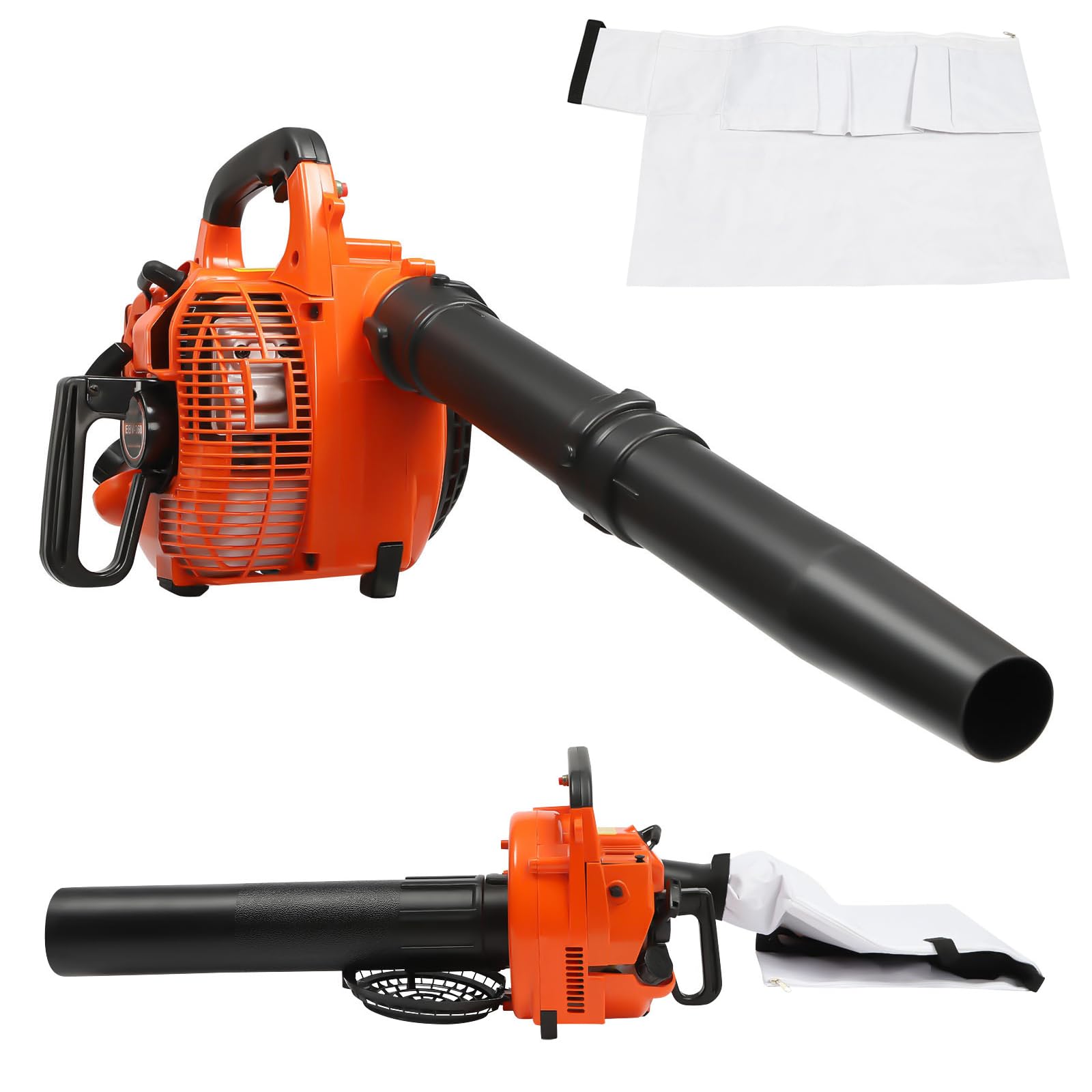 Soplador de hojas y soplador de hojas de gasolina 2 en 1 – 25,4 CCM 2 tiempos gasolina trituradora manual con 2 tubos de soplado y bolsa de recolección para jardín, 7000 rpm
