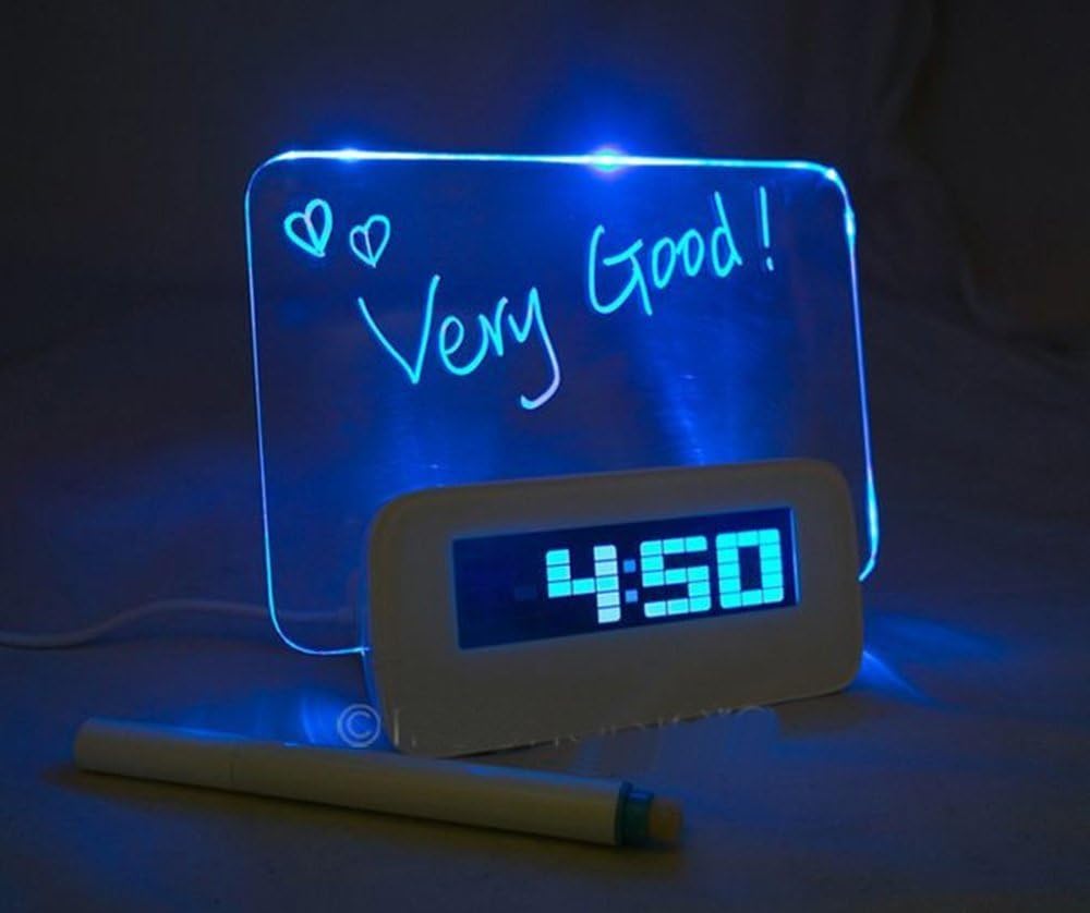 Hzsmile Creative Erasable Memo Board Fluorescent light message board LED Digital Alarm Clock USB 5 Port Hub With Thermometer Calendar Snooze Gift(Blue)