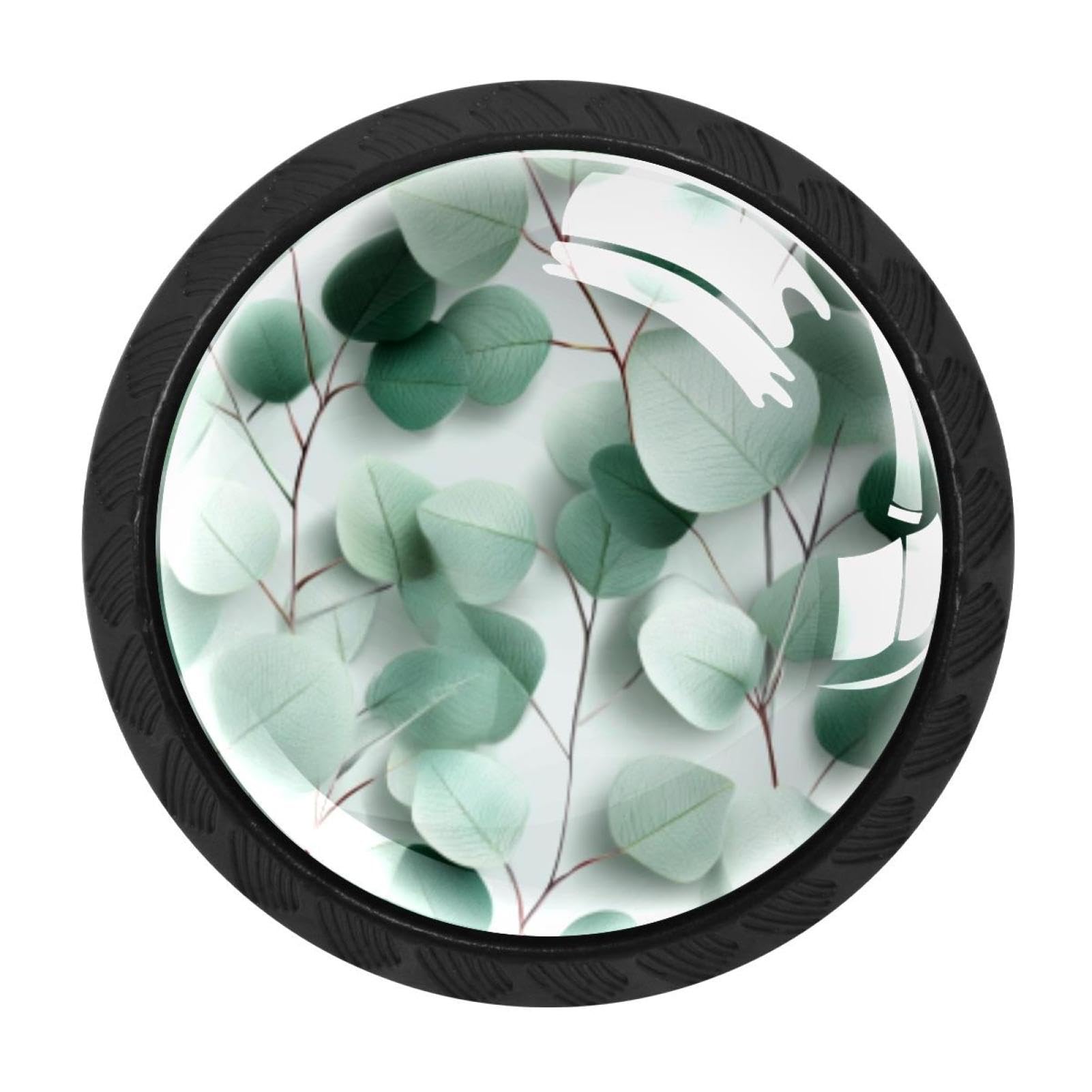 CHENZZZZ 4 Pack Green Floral Eucalyptus Leaves Kitchen Cabinet Knobs Drawer Knobs Dresser Knobs Matte Black Zinc Knobs Drawer Pulls Door Knobs Dresser Drawer Handles Knobs for Dresser Drawers