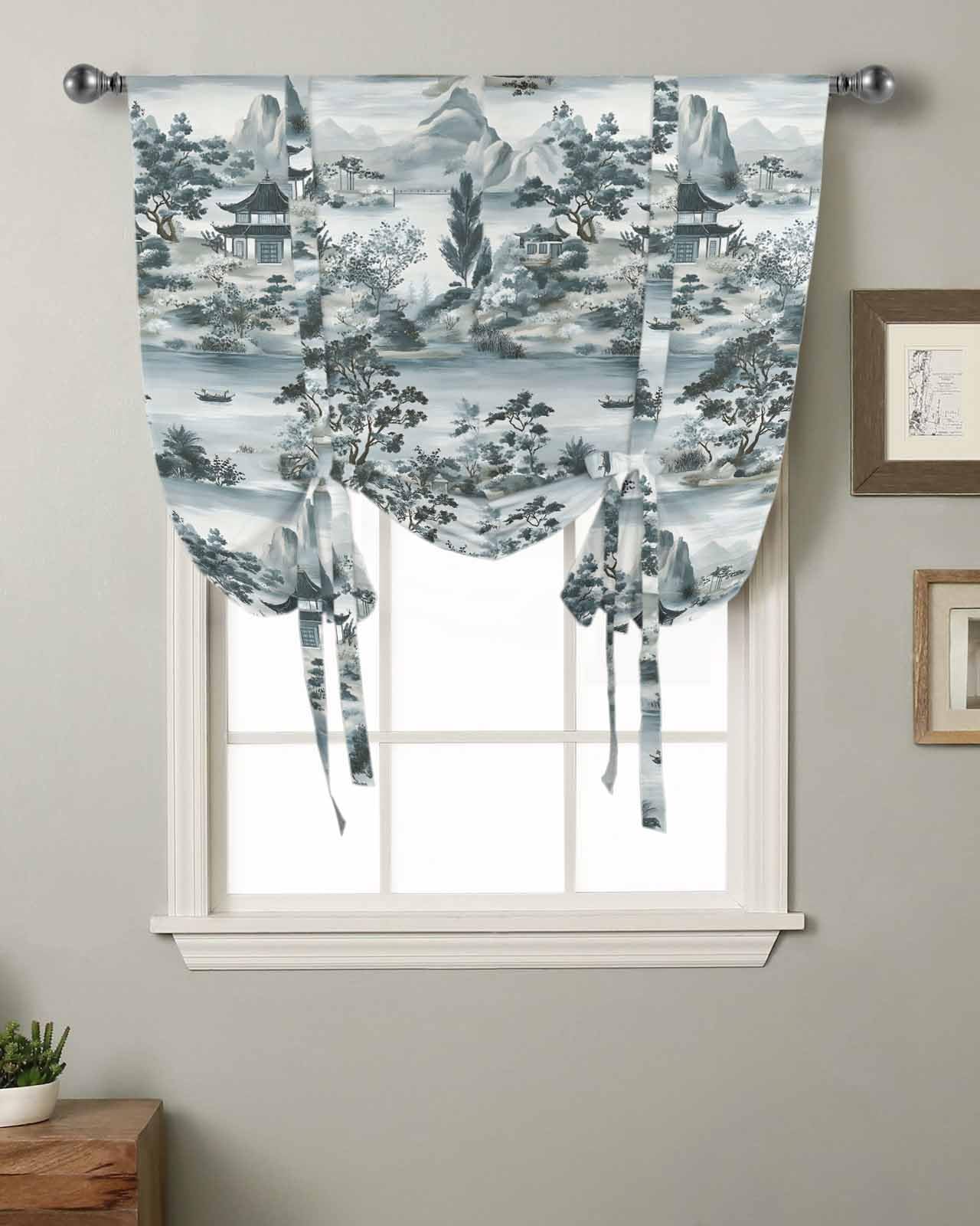 Tie Up Curtains for Kitchen Windows,Retro Garden Landscape Plant Mountain Adjustable Balloon Shade Curtain Panel Rod Pocket Drapes for Small Window Decor 34