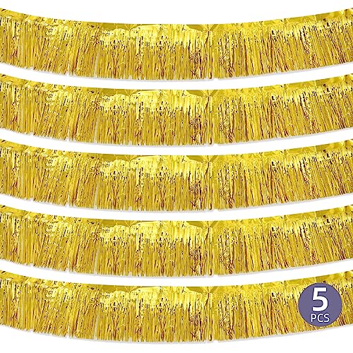 Image of 5 Pack 10 Feet Gold Fringe Garland Foil Fringe Garland Metallic Tinsel Streamers Fringe Backdrop Banner for Parade Floats Birthday Party Decorations Halloween Christmas Decoration (Gold)