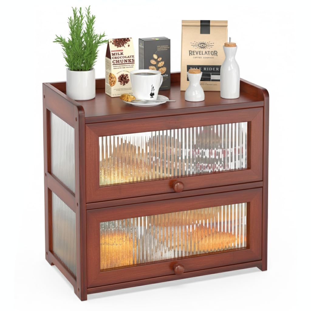 BAMBANG Tabletop Storage Shelf Kitchen Cabinet Stove Top Acrylic Door Double Layer with Bamboo Bread Case Countertop Brown Kitchen Storage Braun 2段式