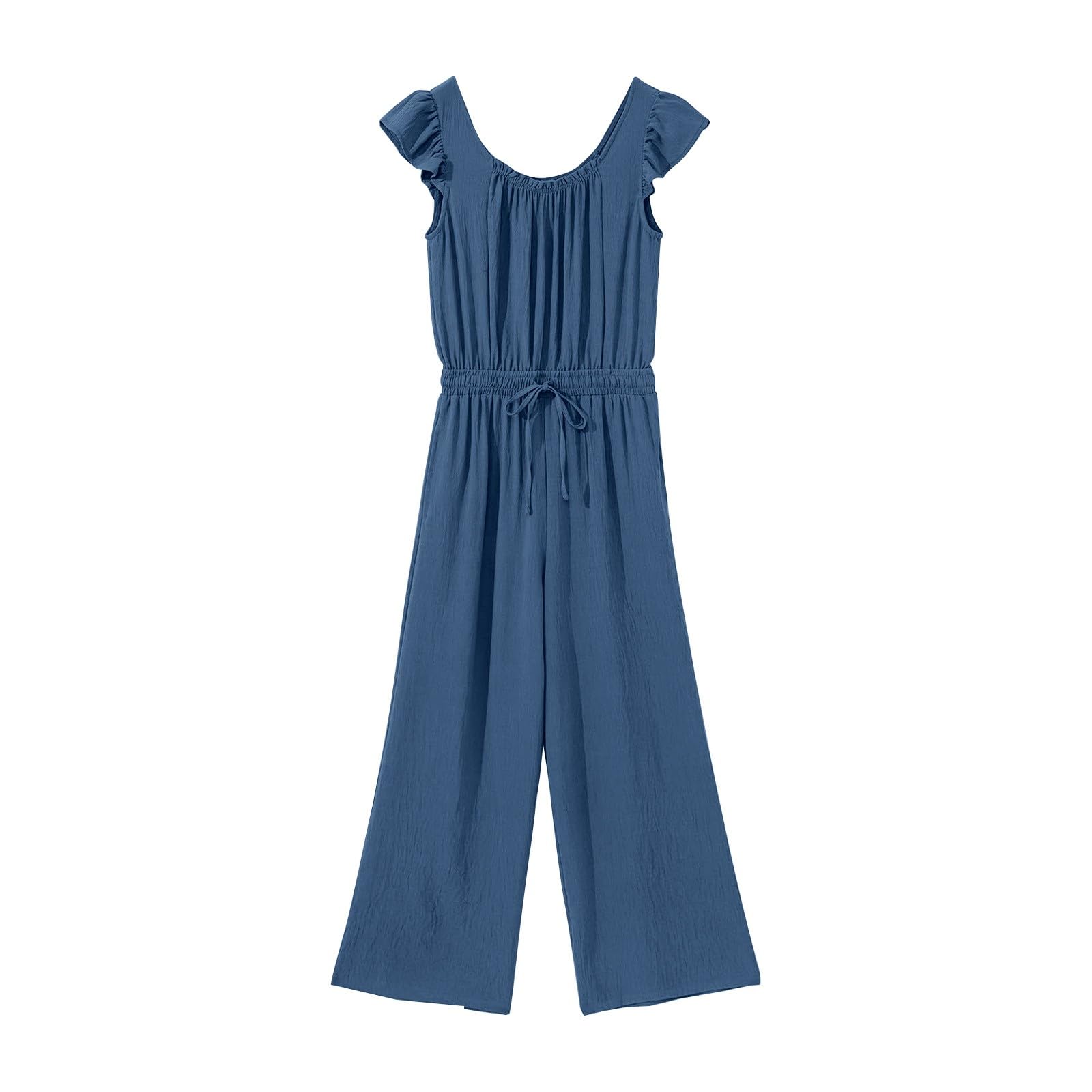 Tuta estiva da donna con maniche in mussola elegante | tasche, gamba larga, monopezzo, maniche a volant, tutina lunga con coulisse, tinta unita, per tutti i giorni
