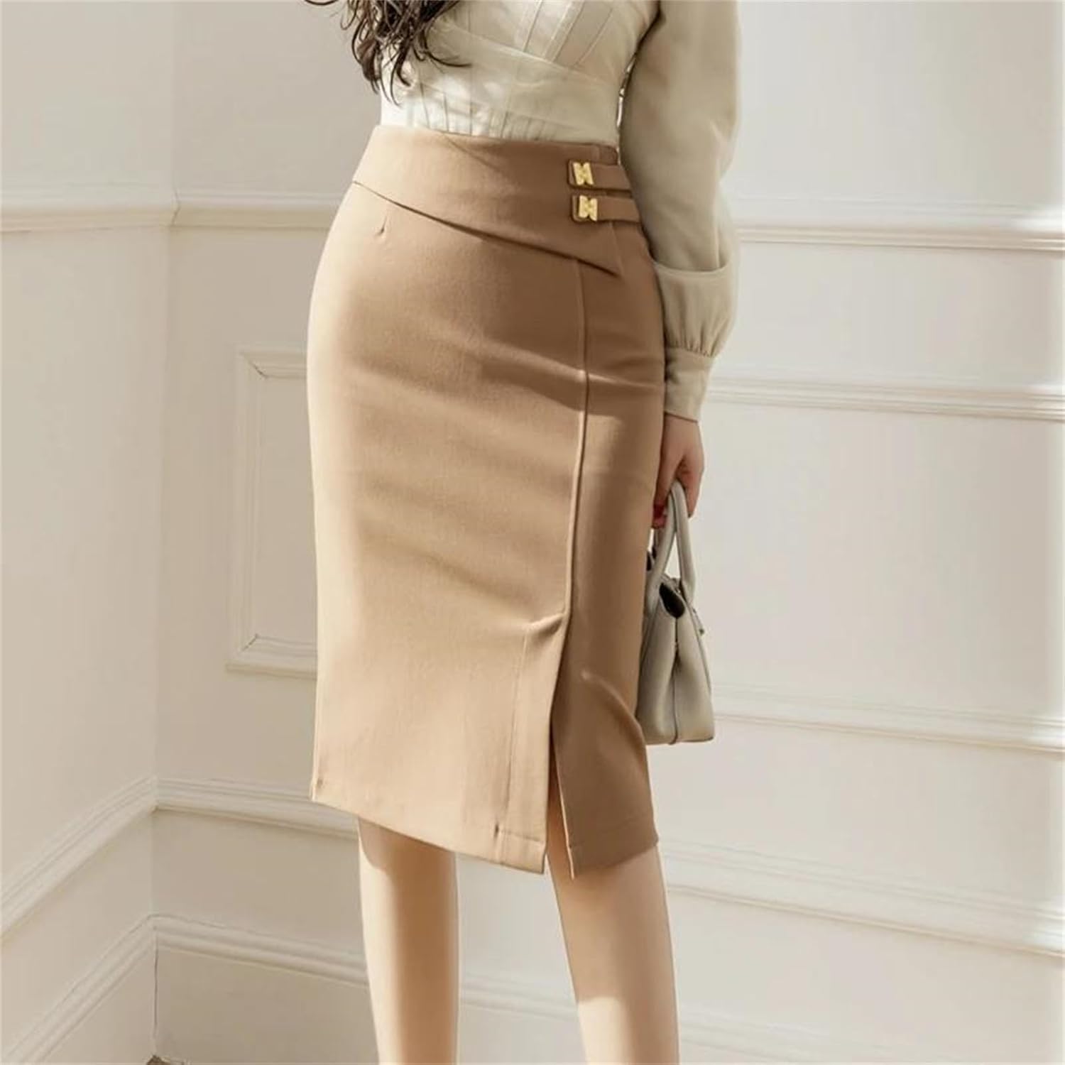 Womens High Waist Pencil Midi Skirt Elastic Waist Slim Fit Bodycon Elegant Work Office