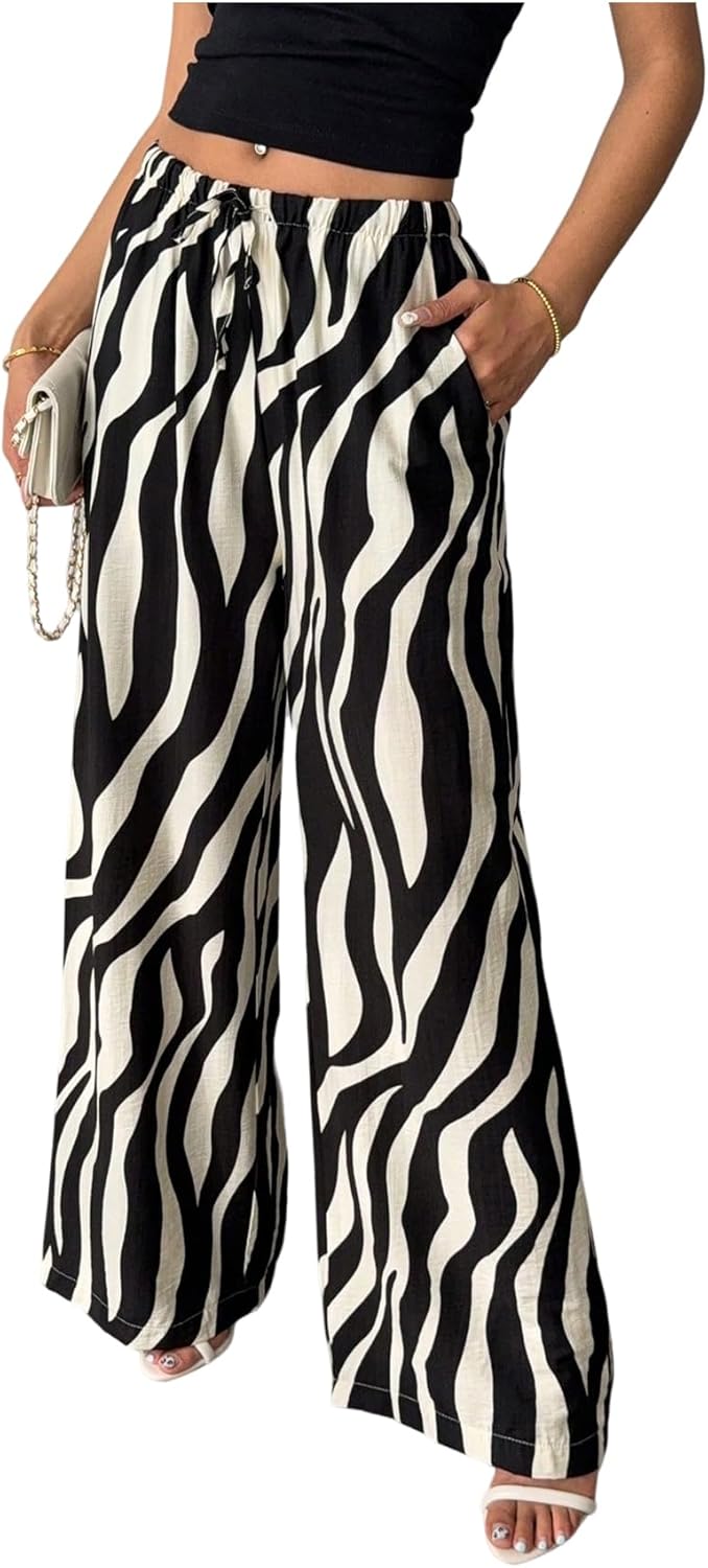 Verdusa Women's Animal Print Loose Pants Streetwear Straight Leg Long Trousers with Pockets