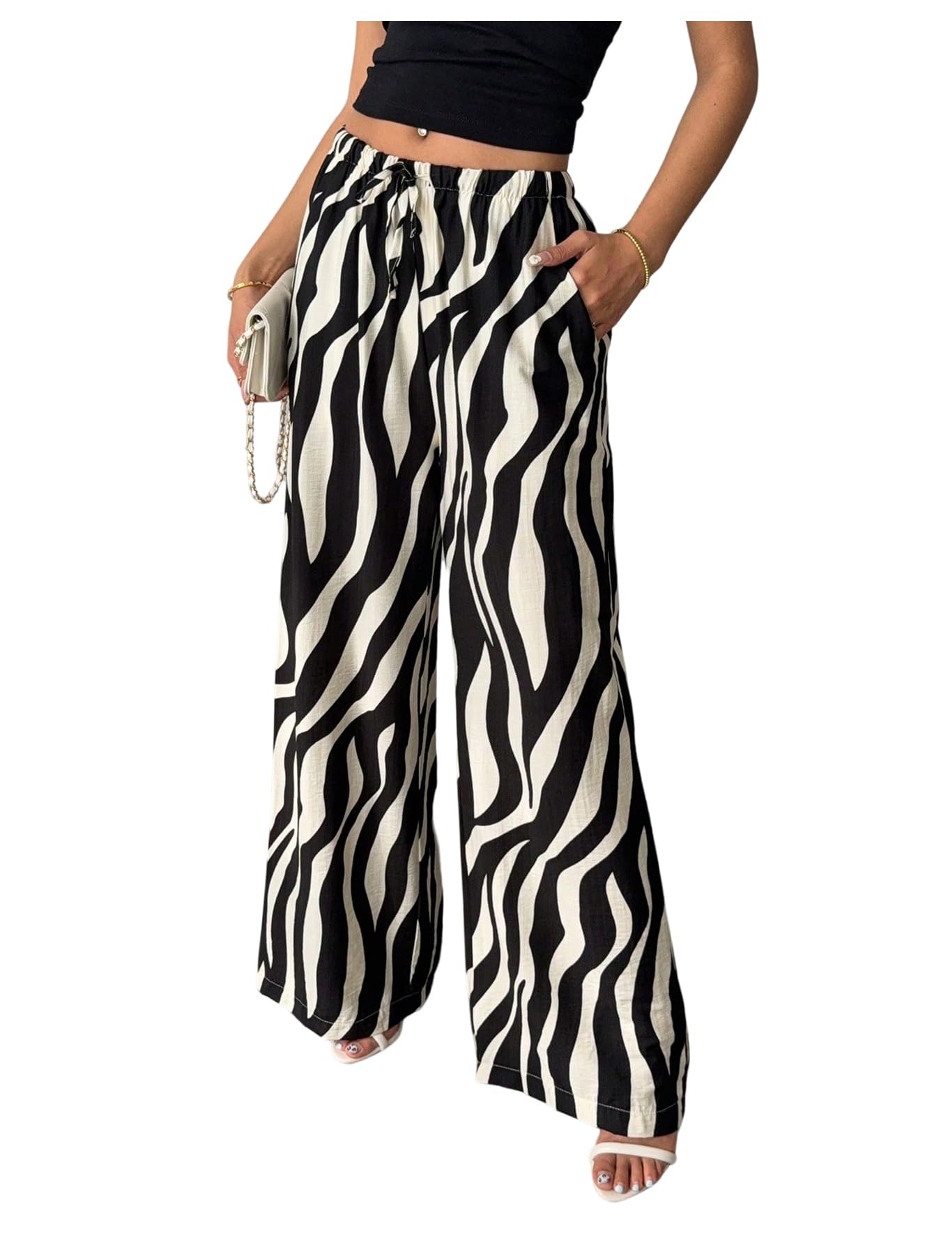 GORGLITTER Womens Animal Printed Wide Leg Pants Dressy Summer Casual Boho Beach Low Waist Stripe Linen Pants