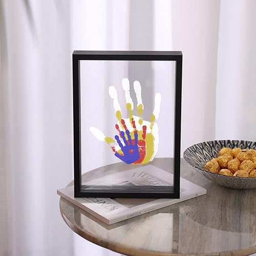 Miniatura 2 de Kit de huellas de manos familiares, marco de madera de recuerdo para manualidades, juego de regalo sin fin, pinturas no tóxicas, hojas transparentes