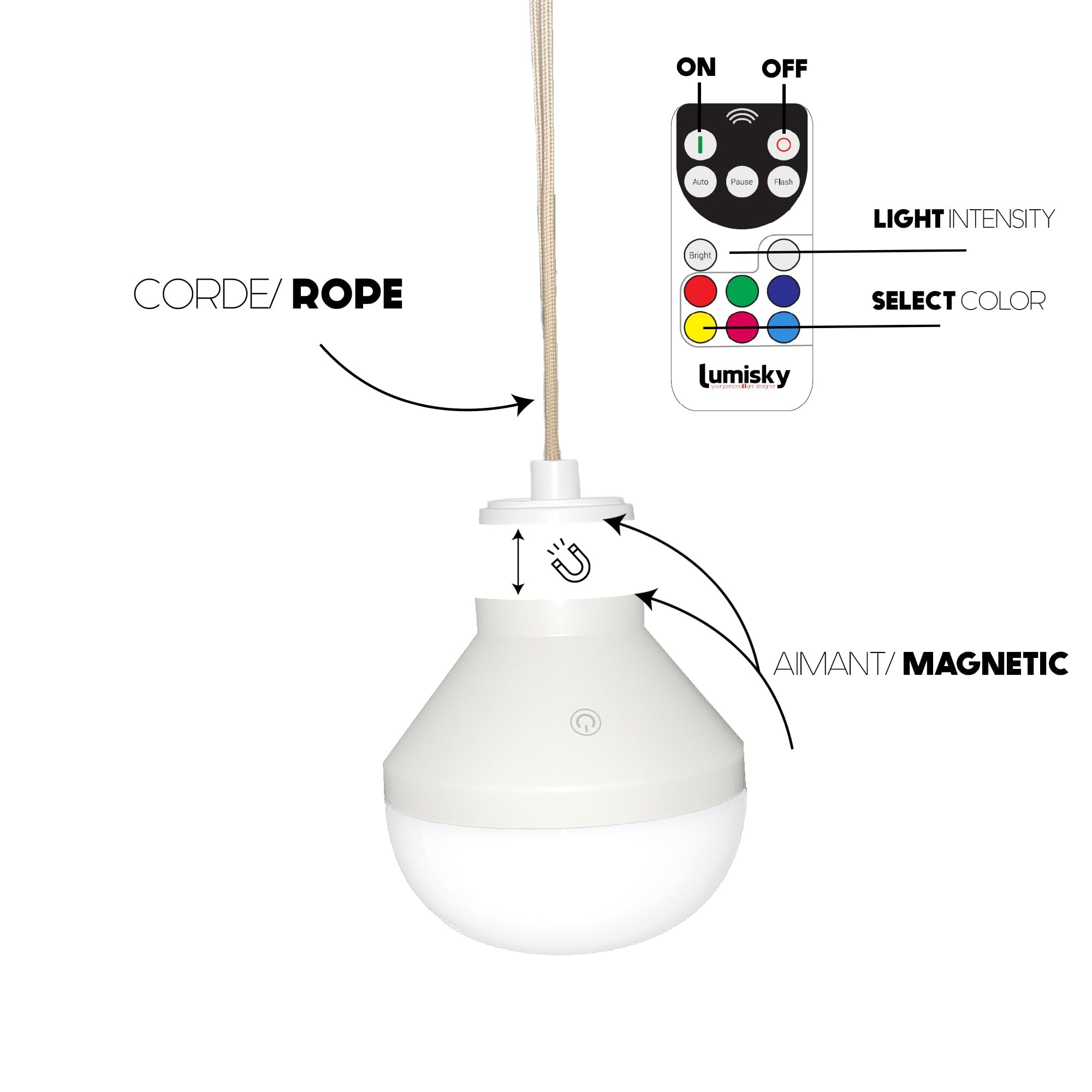 Lumisky Lampadina LED ricaricabile LYS 900 Lumen bianco e multicolore con telecomando H11cm