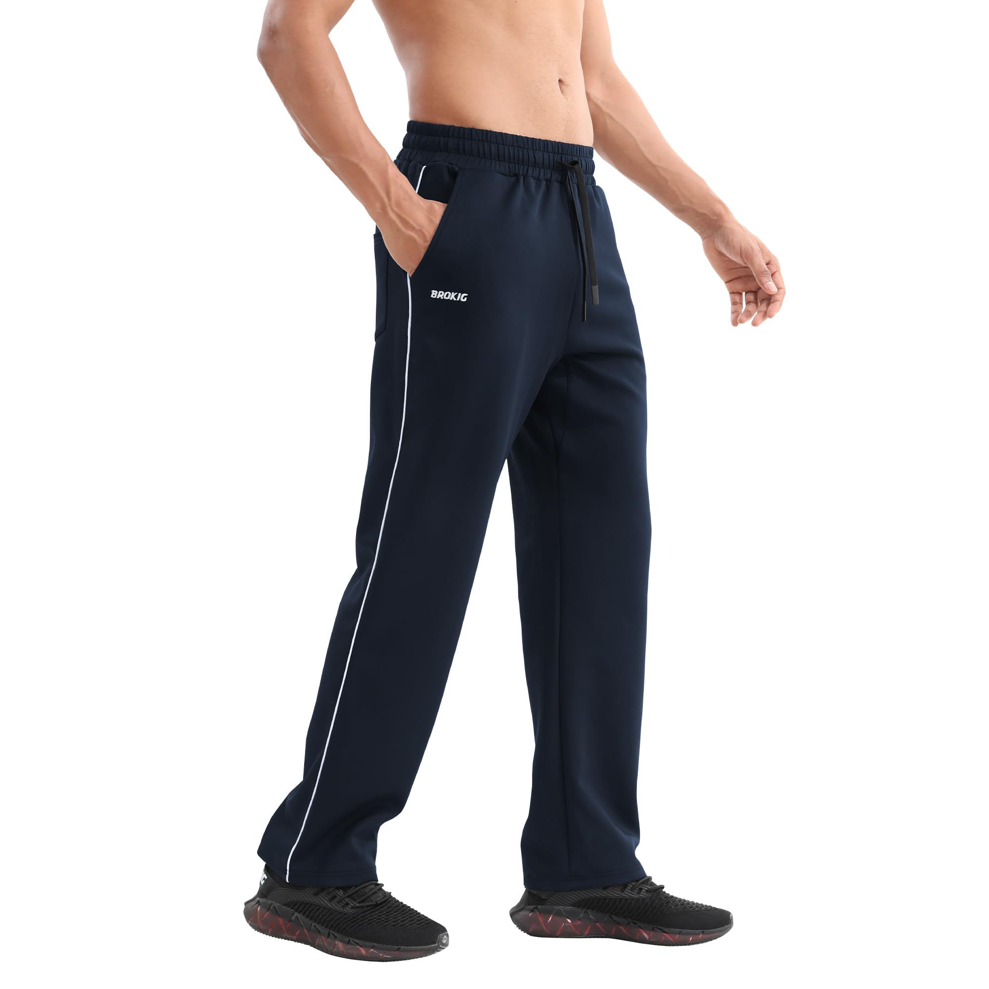 BROKIG Pantaloni dritti da uomo, pantaloni lunghi aperti, vestibilità larga, pantaloni sportivi da uomo, per il tempo libero, con tasche, comodi pantaloni da allenamento per uomini