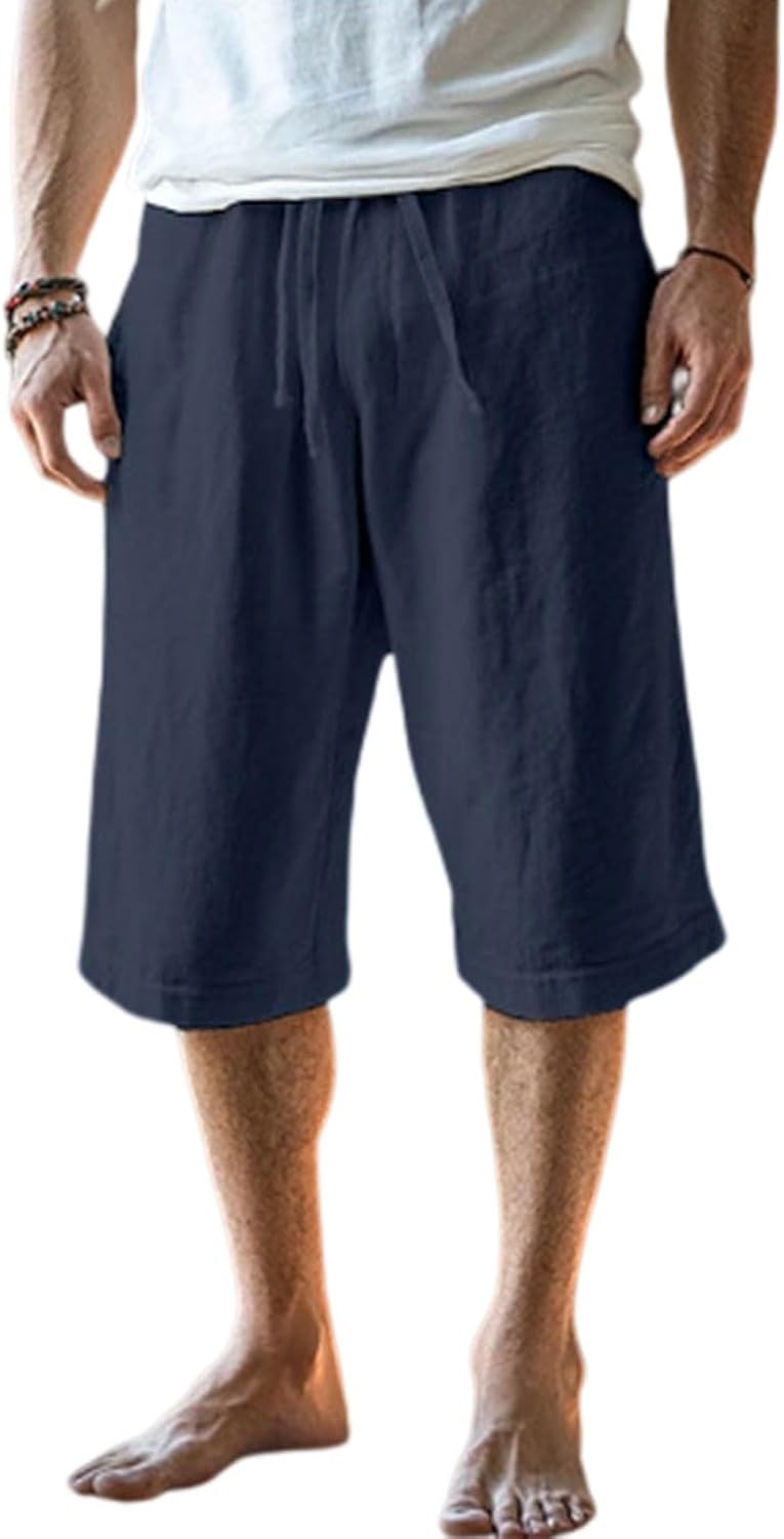 WENKOMG1 Men's Casual Lightweight Workout Cotton Linen Summer Beach 15Inch Inseam Shorts, M-3XL