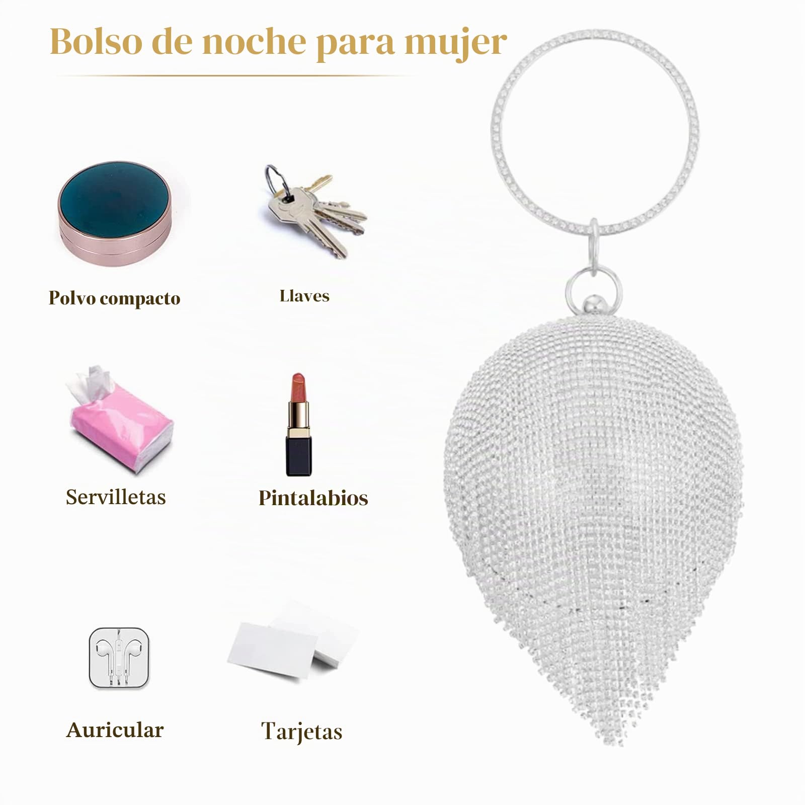 Bolso de Fiesta para Mujer Bolso de Mano de Noche de Cristal con Bola Redonda Diamantes de Imitación Clutch Bolso de Hombro Bolsos Bandolera para Fiesta de Graduación Banquete Boda Plata