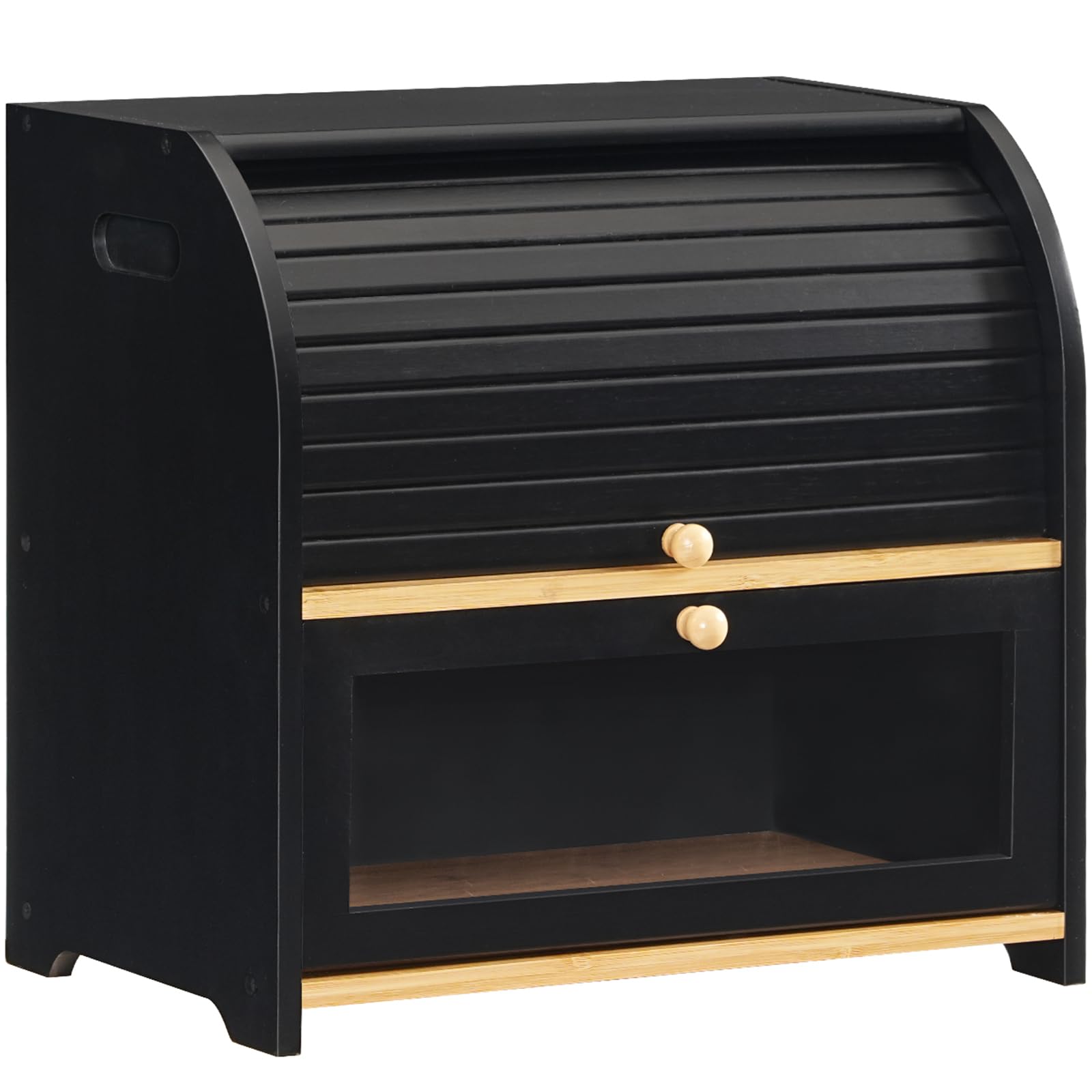 HOOBRO Bread Box, Bamboo Bread Box for Kitchen Countertop, 2 Tier Roll-Top Bread Bin, Food Storage Box, Large Capacity Keeper, Wooden Storage Cabinet, for Kitchen, Dining Room, Black EBK13MB01