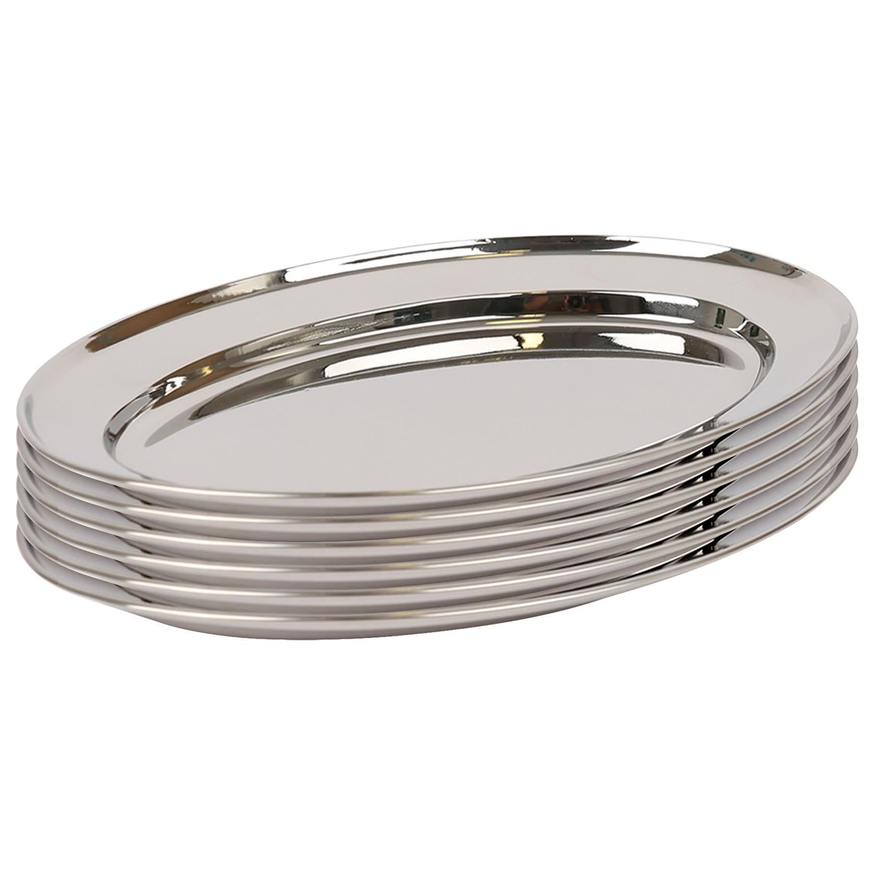 Argon Tableware 35 x 24cm Serving Platters - 6 Pack - Stainless Steel Chrome Dinner Tray Oval Plate Medium Appetizer Serving Dishes for Party, Events, Table Service, Snack Platters