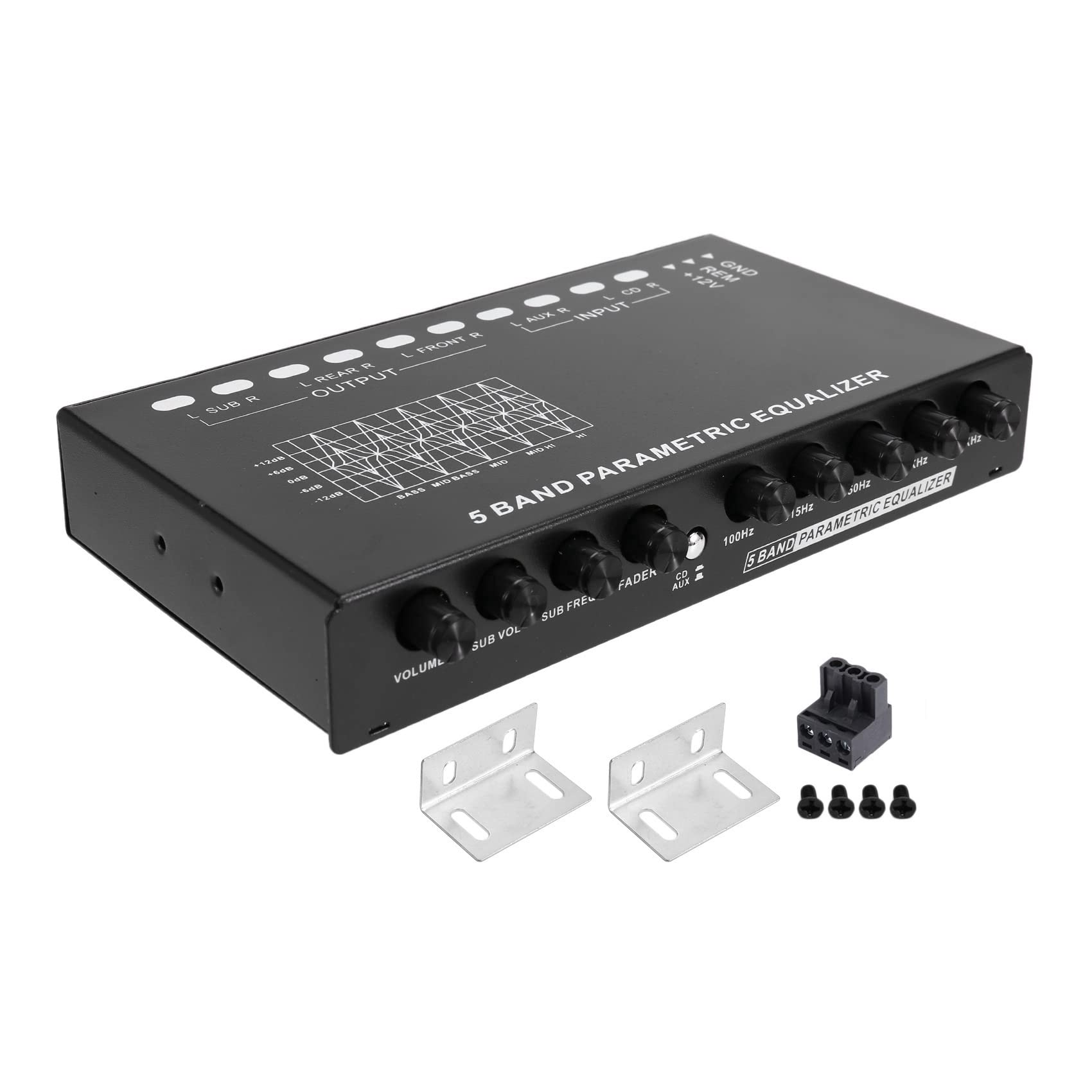 2X Ecualizador de Audio para Automóvil de 5 Bandas, Ecualizador Gráfico Ajustable para Amplificador de Automóvil EQ de 5 Bandas con Interruptor de Selección de Entrada CD/AUX,Negro