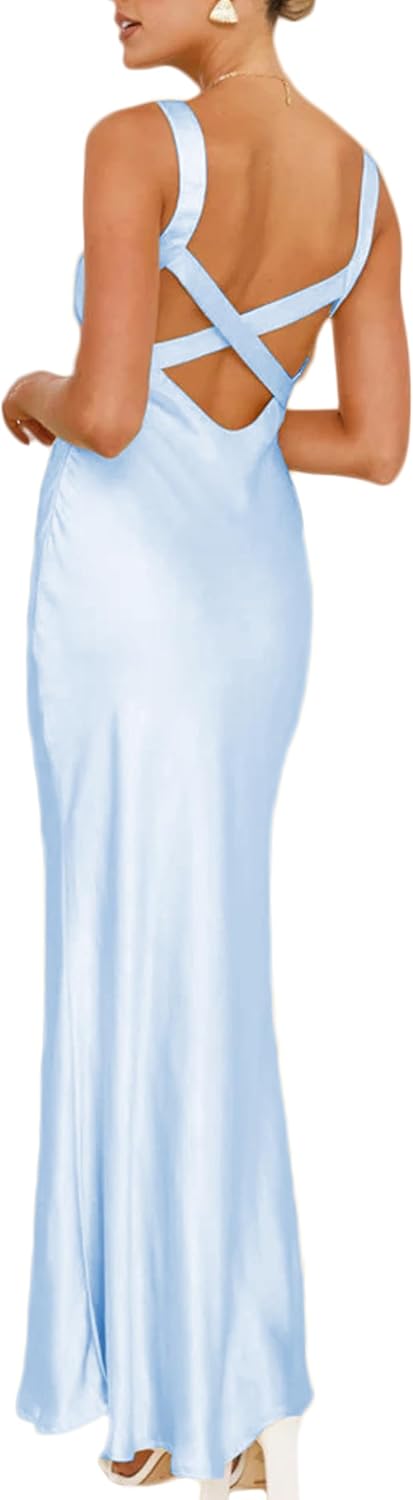 Satin V Neck Maxi Dress for Women Wedding Guest 2026 Summer Formal Elegant Cocktail Sleeveless Long Dresses Backless - Image 3