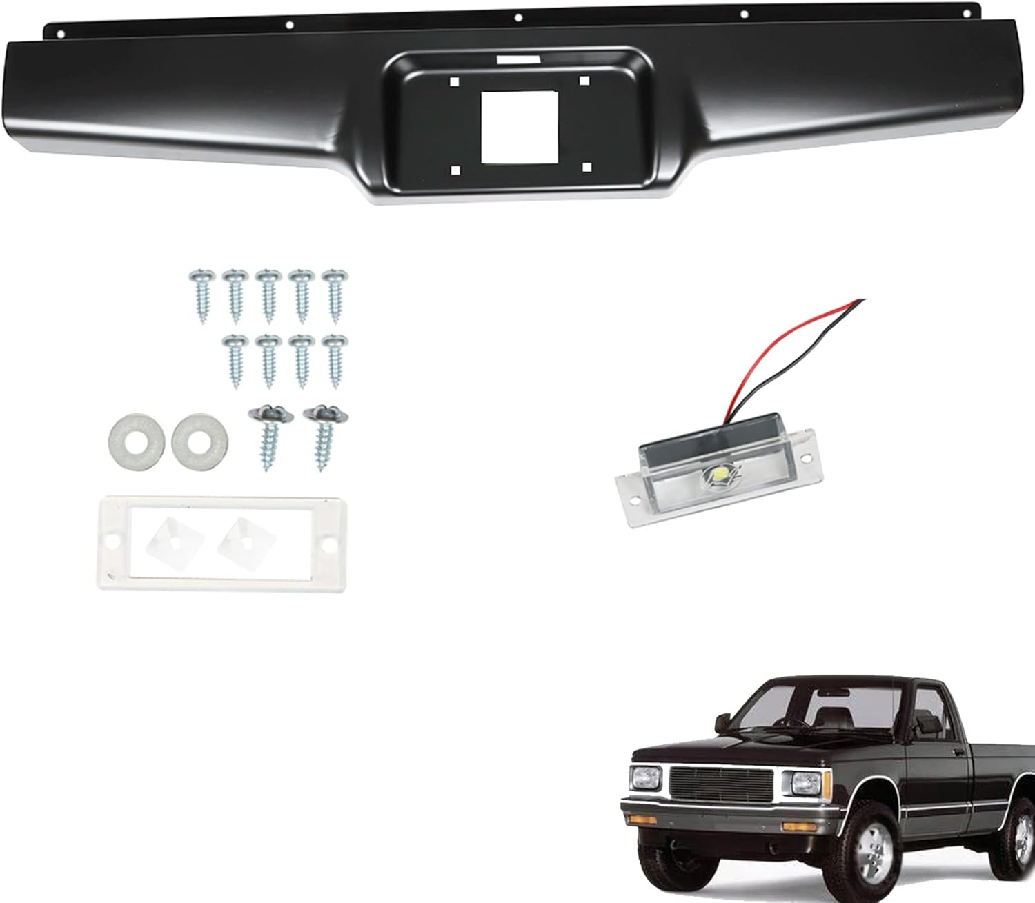 Rear Bumper Roll Pan Black Steel with Screws License Light Replacement for 1982-1993 S10 S15 Pickup