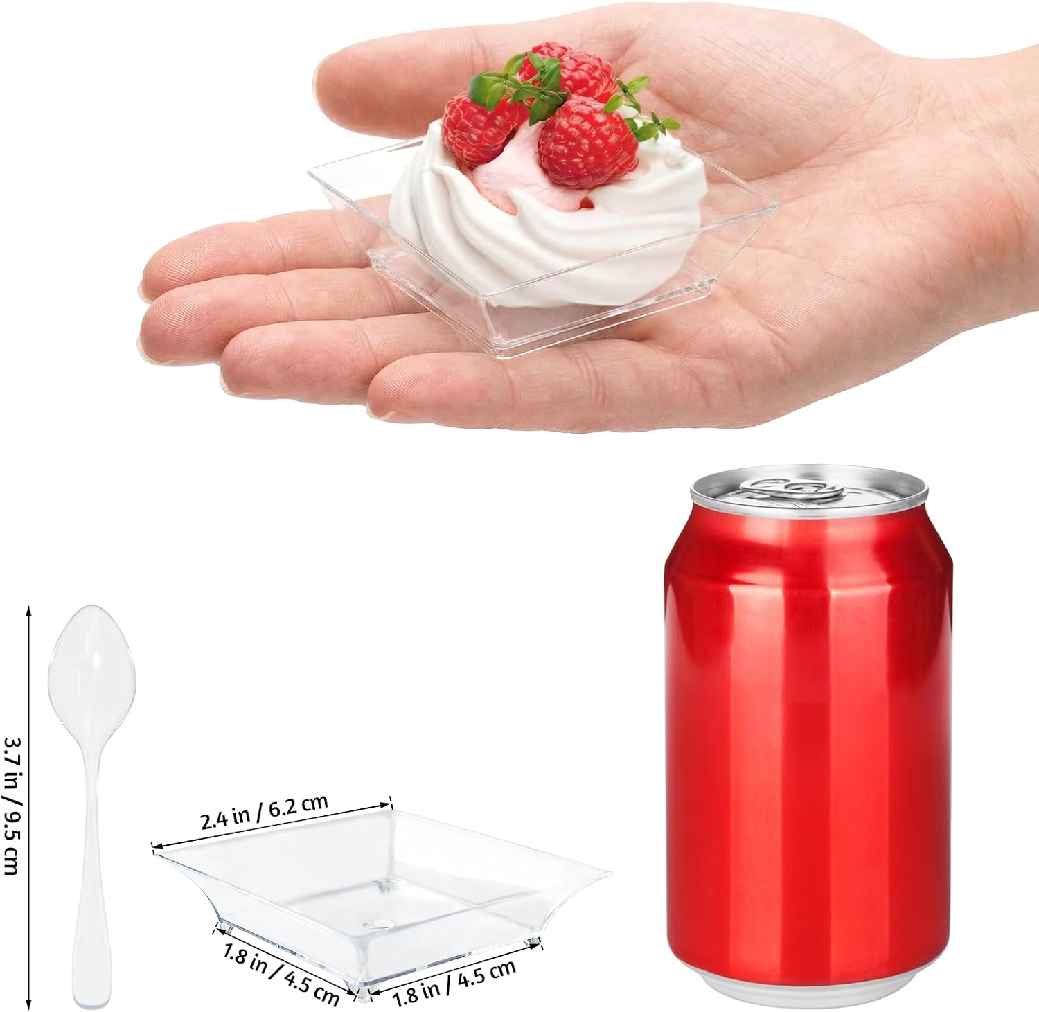 Mini Dessert Plates with Tasting Spoons Appetizer Plates Small Clear Plates Mini Plastic Tray with Spoons for Party Wedding Reception (100, Square)