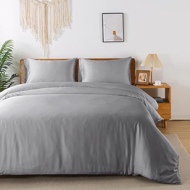 Bamboo Duvet Cover Set, Double, Grey, Silky and Soft All Season Double Bed Cover, 400TC-Luxury Hotel Quality, Warm in Winter and Cool in Summer, Include A Quilt Cover (200*200cm)+ Two Pillowcases