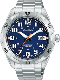 البا ساعة اكتيف بسوار من الستانلس ستيل ومينا ازرق للرجال AS9R83X