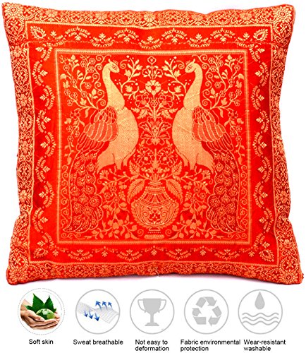 Orange silk pillow case with peacock pattern | Pillowcase | Cushion | Cushion - 40 cm x 40 cm | 16 x 16 Inches *** Handwoven and handmade by Cashmere India Artisans ***