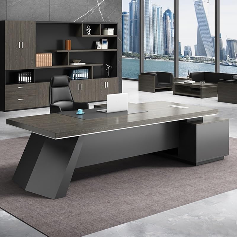 Modern Executive Office Desk | 86.6" L X 31.5" W Large Computer Desk For Boss, President, Home Office | With Side Storage Cabinet