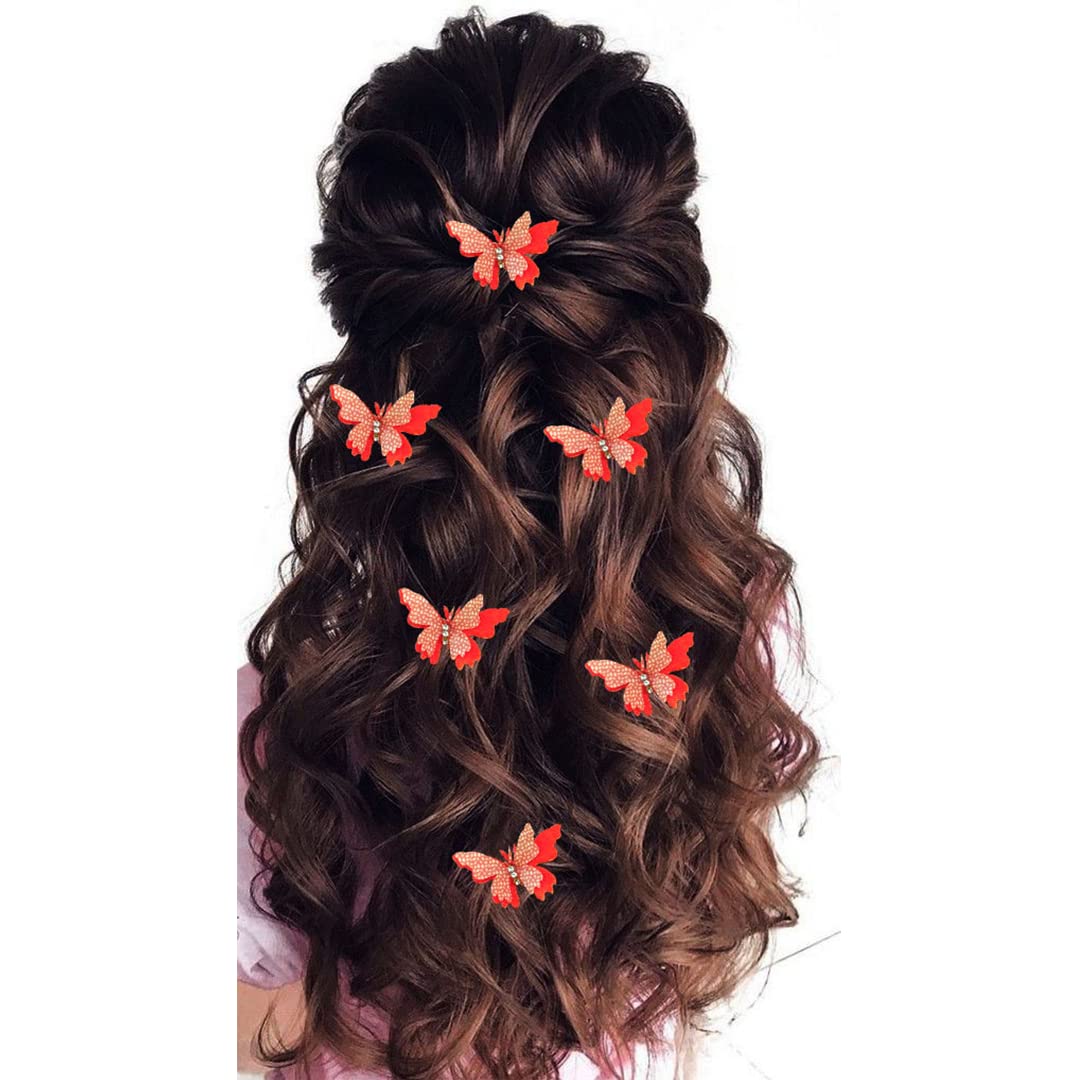Hair Flare Velvet Butterfly Hair Pin/Comb Slide Designed Hairpin/Side Juda pin/Bridal Hair Accessories- 2462, Orange, Pack of 6