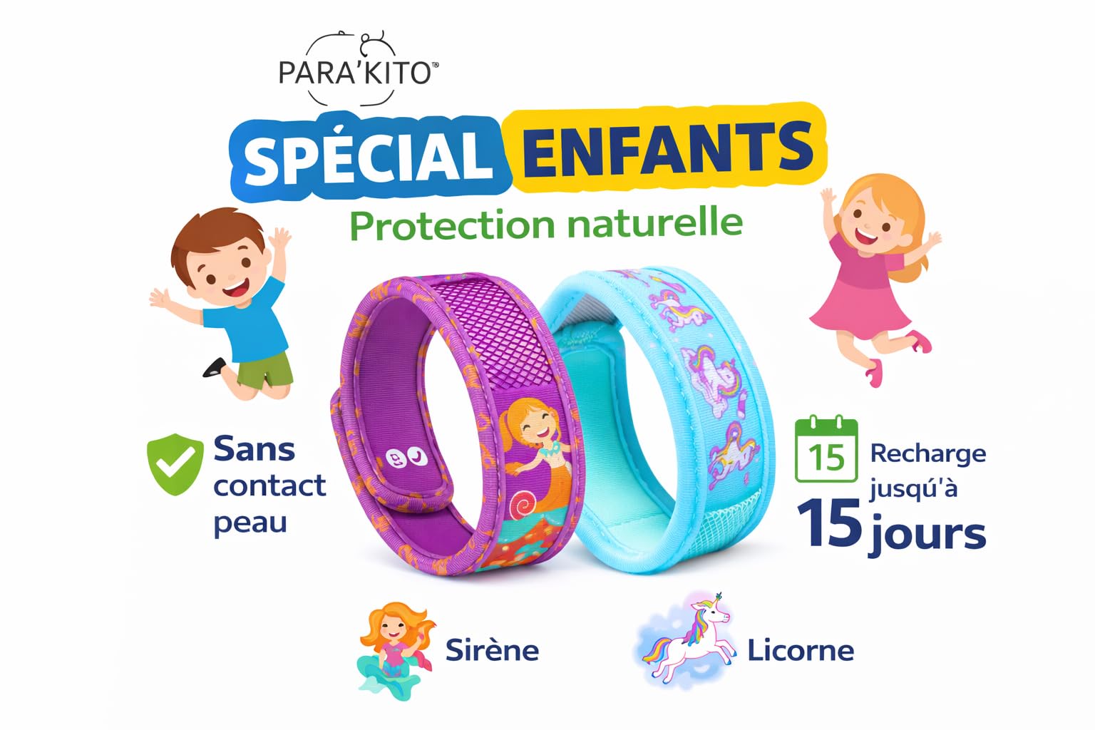 Lot de 2 Bracelets Anti-Moustiques Enfant/Adulte (Sirène + Licorne) – 4 Plaquettes Incluses – 1 Recharge = 15 Jours – Sans Contact Peau – Résistant à l’Eau