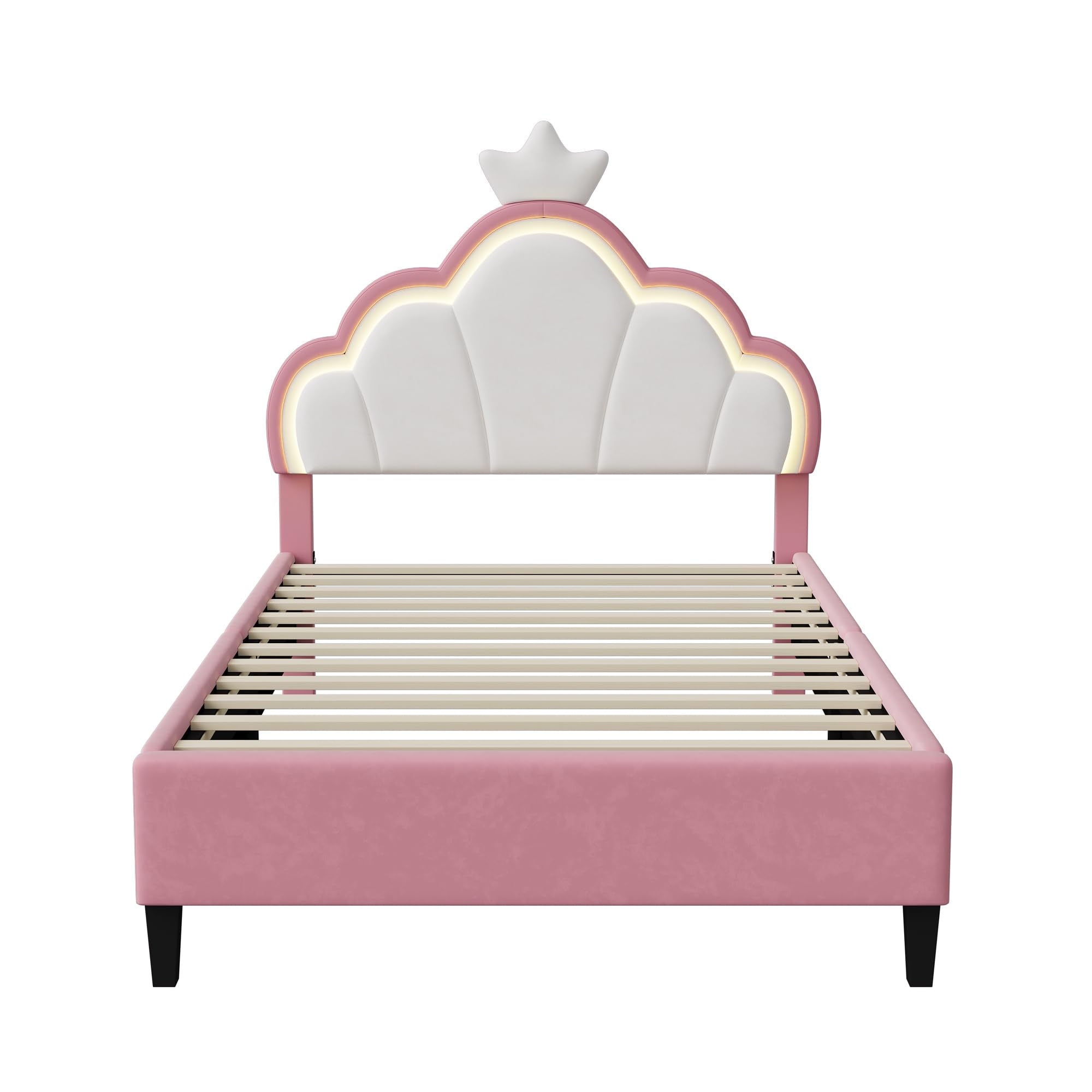 Lit Enfant 90x200 cm, Lit Fille Princesse avec Éclairage LED, Tête de lit Réglable en Forme de Couronne,Cadre de Lits Rembourré avec Sommier à Lattes,pour Enfants & Adultes (Rose, 90x200cm)
