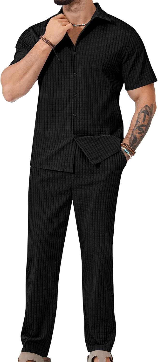 LecGee Men's Texture 2 Piece Set Casual Short Sleeve Button Down Shirts and Matching Pants Summer Beach Outfits M-3XL
