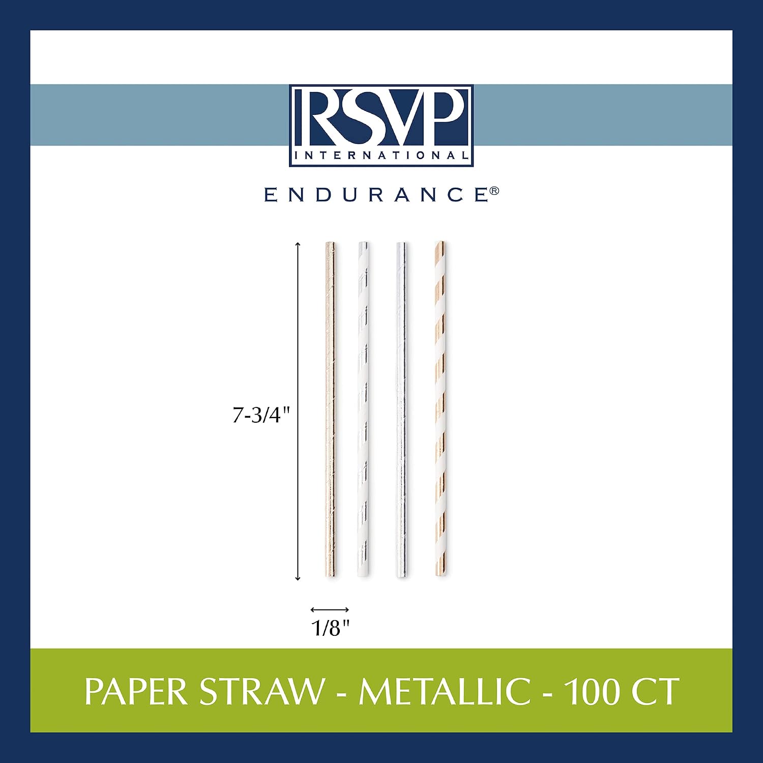 RSVP International Metallic Paper Straws, 100 Count | Each Straw 7.34" Long | Lovely Design & Biodegradable | For Hot & Cold Beverages | For Parties, Events & More