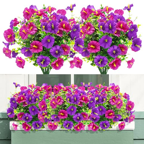 YSUVIN 4 Bündel Künstliche Blumen, Kunstblumen Wie Echt, Künstliche Petunie Balkonpflanzen, Frühlingsblumen Künstlich, Plastik Blumen Dekoration für lnnen Outdoor Außen Balkon Garden, Lila Rosa