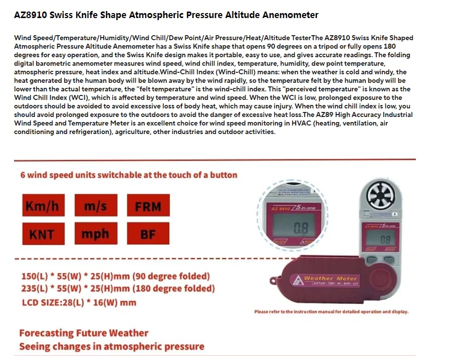 AZ8910 - Anemómetro multifunción de velocidad del viento/temperatura/humedad/presión de aire/altitud